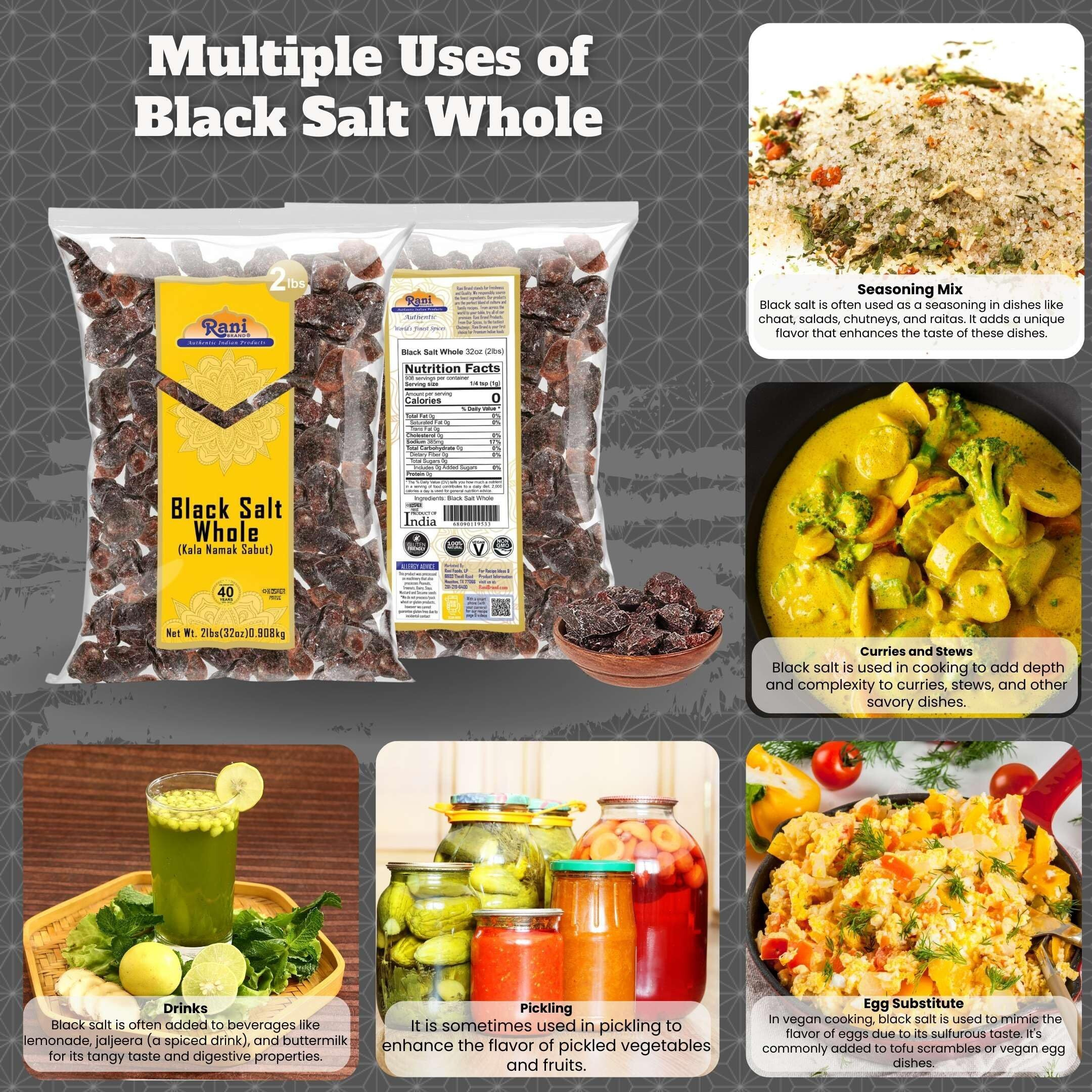 Rani Black Salt Raw Whole (Kala Namak) Mineral 32oz (2lbs) 908g ~ Unrefined, Pure and Natural, Vegan, Gluten Friendly, NON-GMO, Kosher, Indian Origin, Perfect for Tofu Scramble