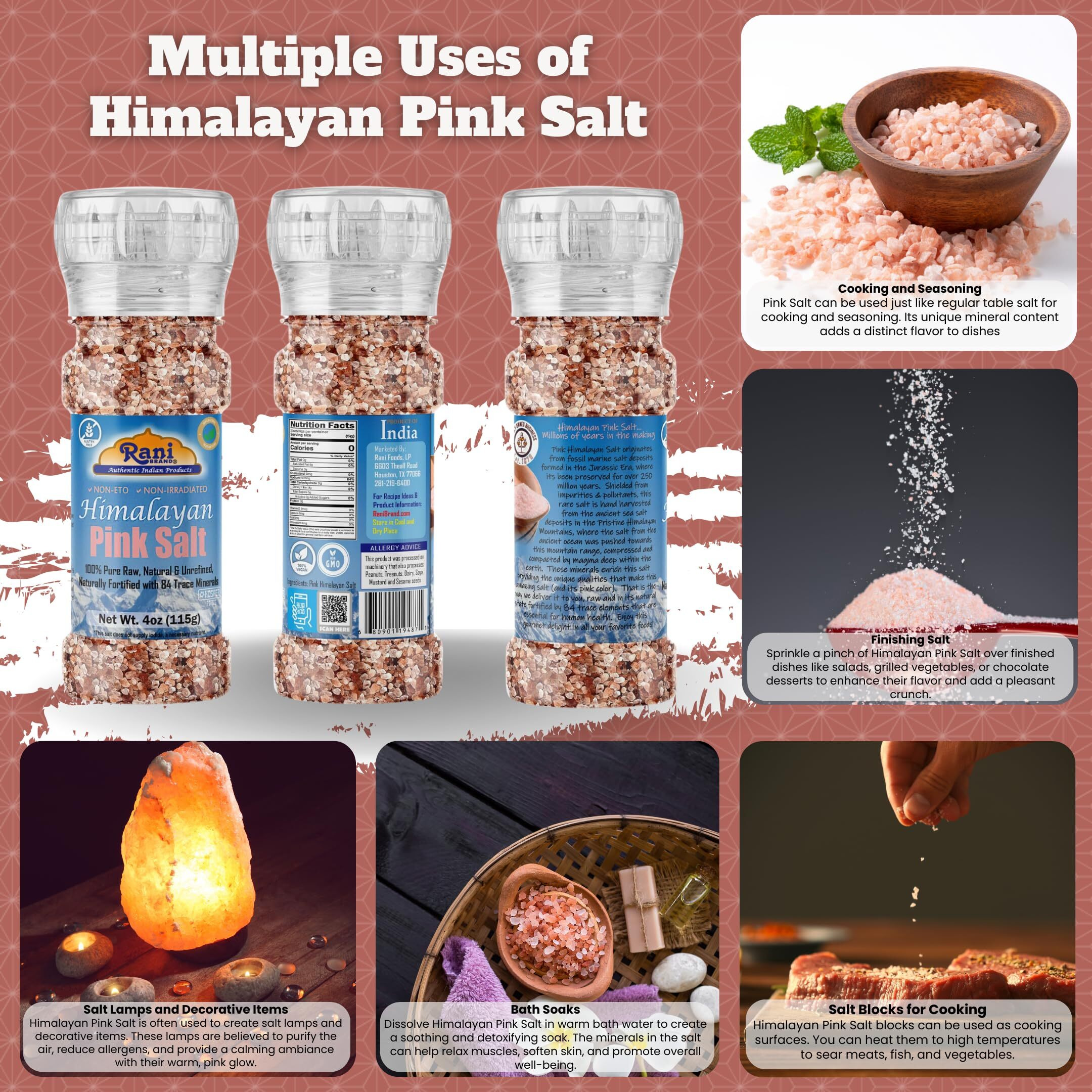Rani Himalayan Pink Salt Granules (84 Essential Trace Minerals) 4oz (115g) Grinder Bottle~ All Natural, Vegan, Gluten Friendly, NON-GMO, Kosher, Indian Origin