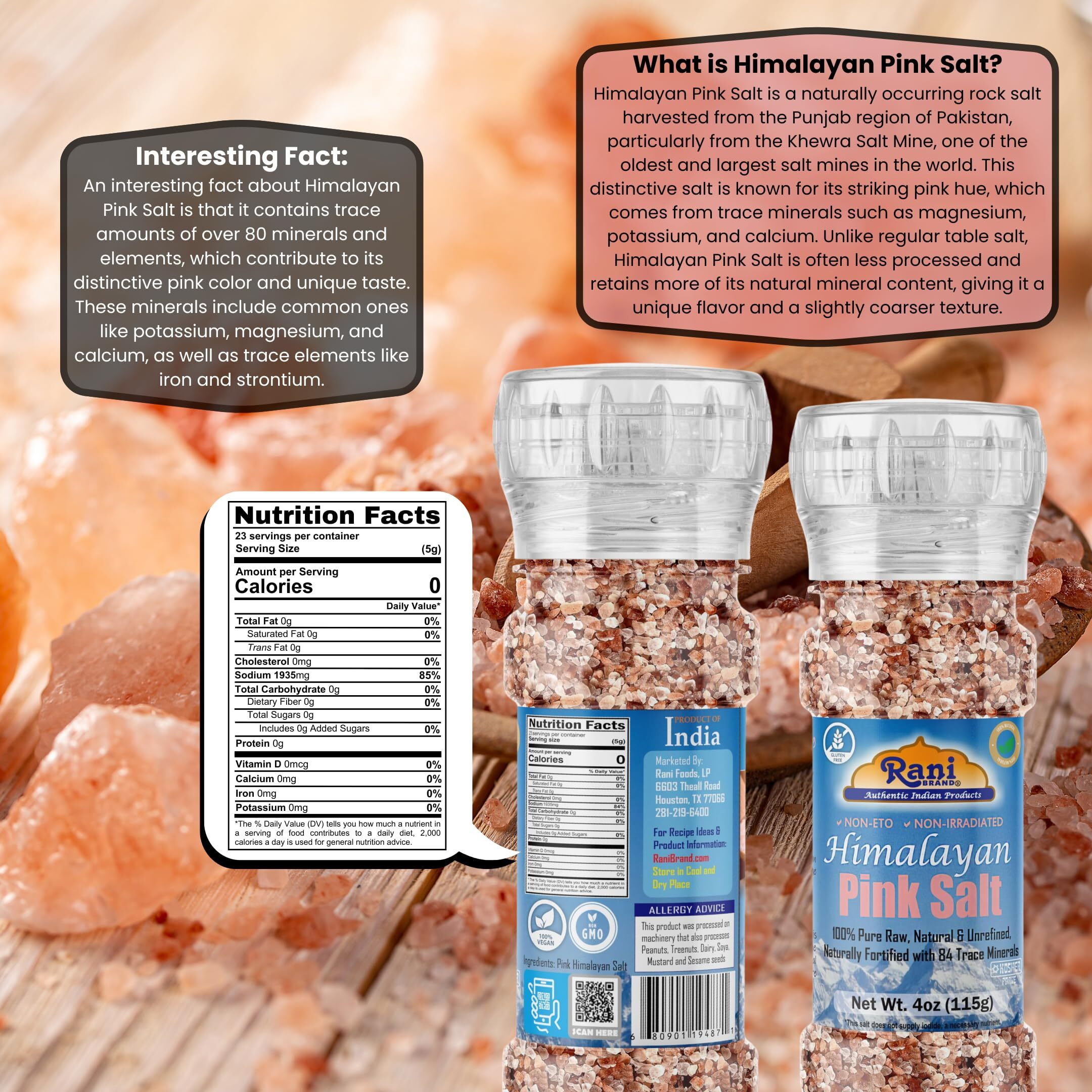 Rani Himalayan Pink Salt Granules (84 Essential Trace Minerals) 4oz (115g) Grinder Bottle~ All Natural, Vegan, Gluten Friendly, NON-GMO, Kosher, Indian Origin