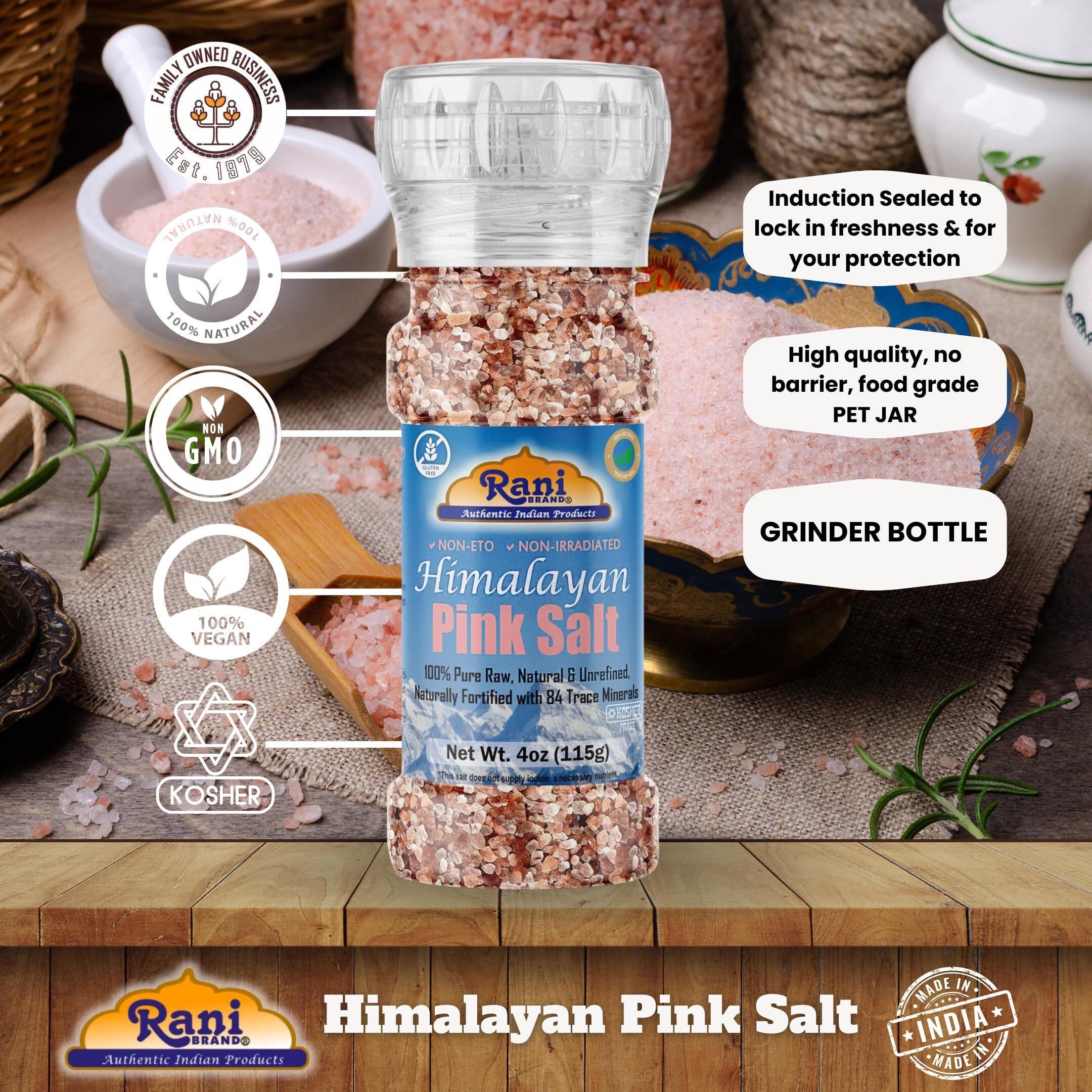 Rani Himalayan Pink Salt Granules (84 Essential Trace Minerals) 4oz (115g) Grinder Bottle~ All Natural, Vegan, Gluten Friendly, NON-GMO, Kosher, Indian Origin