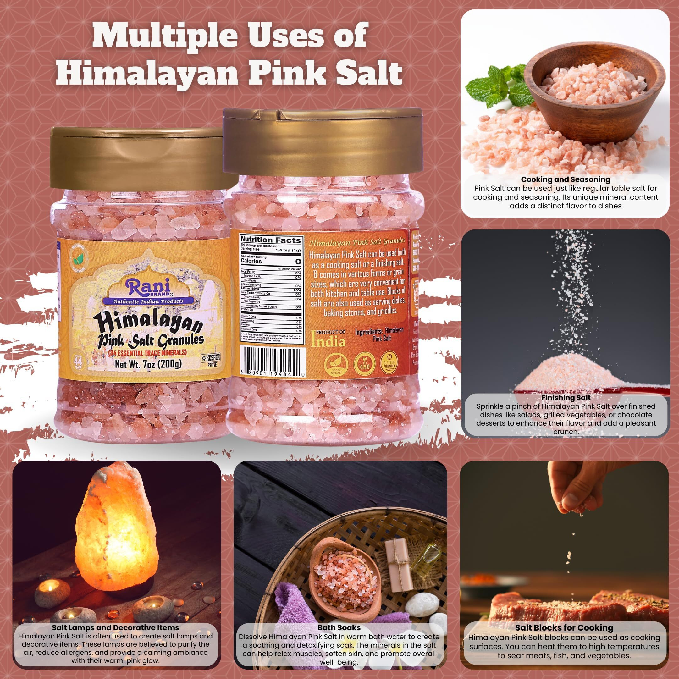 Rani Himalayan Pink Salt Granules (84 Essential Trace Minerals) 7oz (200g) PET Jar ~ All Natural, Vegan, Gluten Friendly, NON-GMO, Kosher, Indian Origin