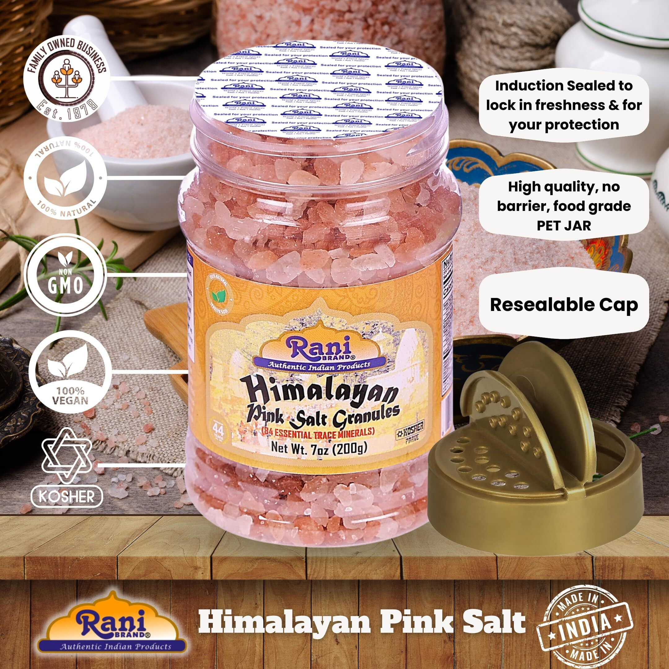 Rani Himalayan Pink Salt Granules (84 Essential Trace Minerals) 7oz (200g) PET Jar ~ All Natural, Vegan, Gluten Friendly, NON-GMO, Kosher, Indian Origin