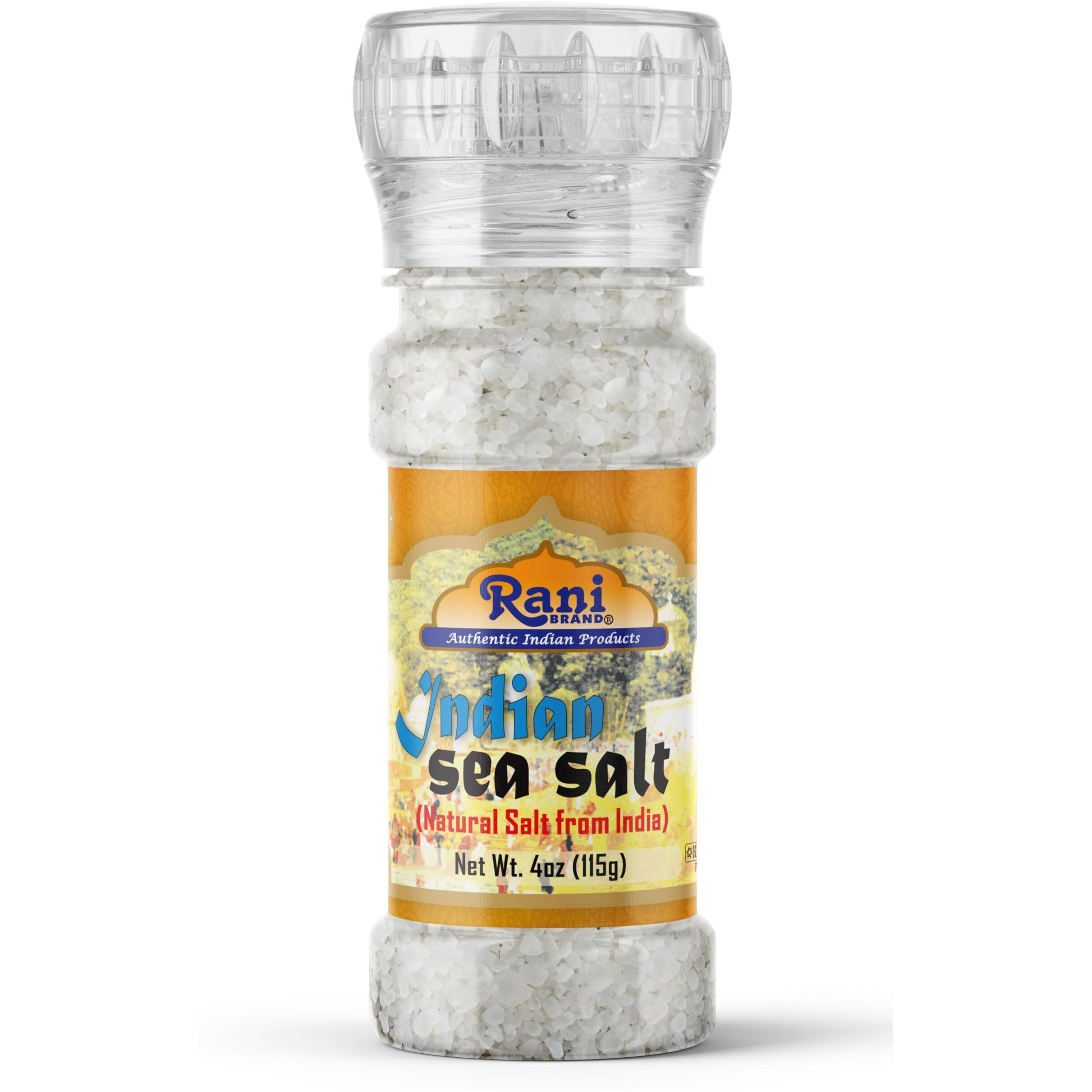 Rani Indian Sea Salt 4oz (115g) Grinder Bottle ~ Unrefined, Pure and Natural, Vegan, Gluten Friendly, NON-GMO, Kosher, Indian Origin