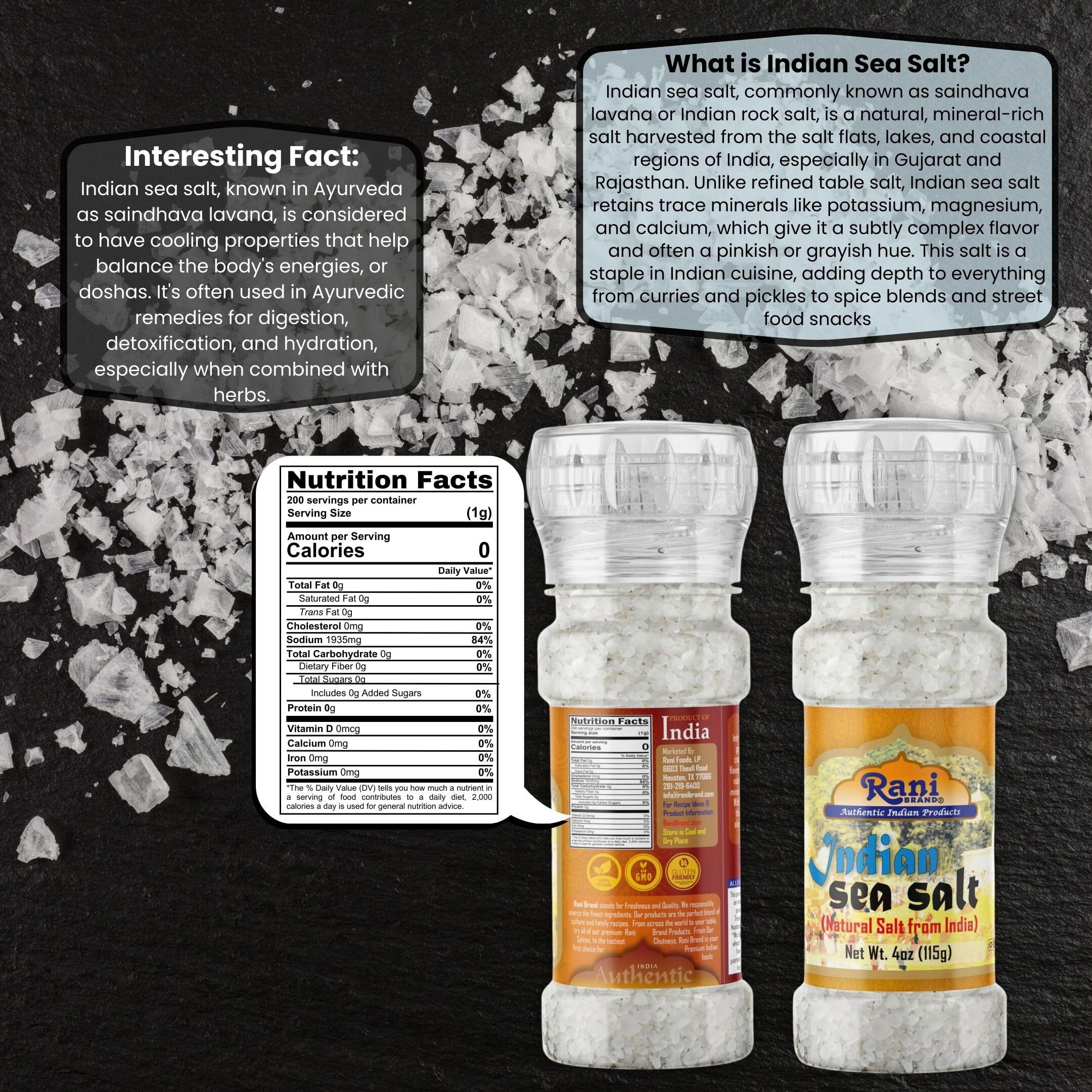 Rani Indian Sea Salt 4oz (115g) Grinder Bottle ~ Unrefined, Pure and Natural, Vegan, Gluten Friendly, NON-GMO, Kosher, Indian Origin