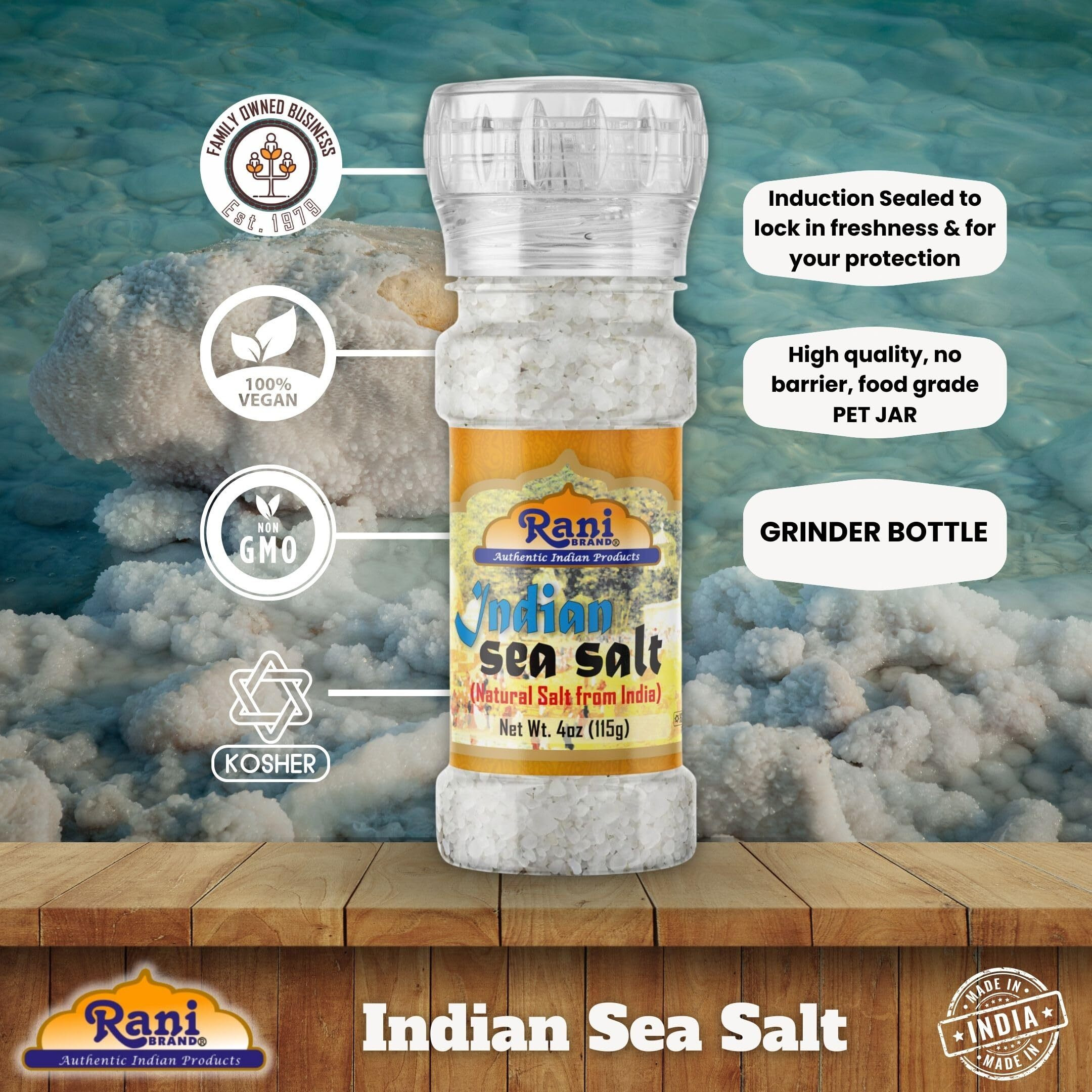Rani Indian Sea Salt 4oz (115g) Grinder Bottle ~ Unrefined, Pure and Natural, Vegan, Gluten Friendly, NON-GMO, Kosher, Indian Origin