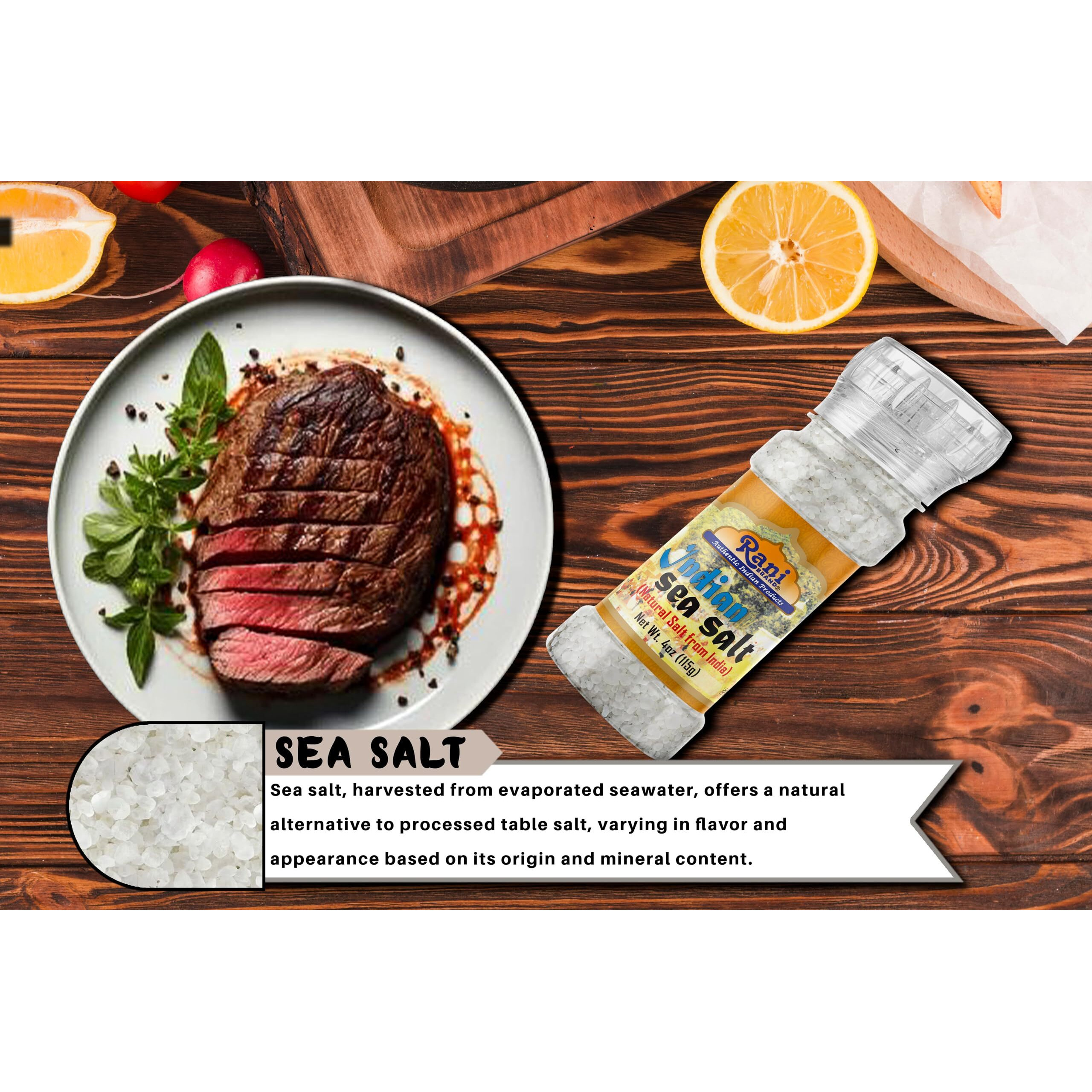 Rani Indian Sea Salt 4oz (115g) Grinder Bottle ~ Unrefined, Pure and Natural, Vegan, Gluten Friendly, NON-GMO, Kosher, Indian Origin