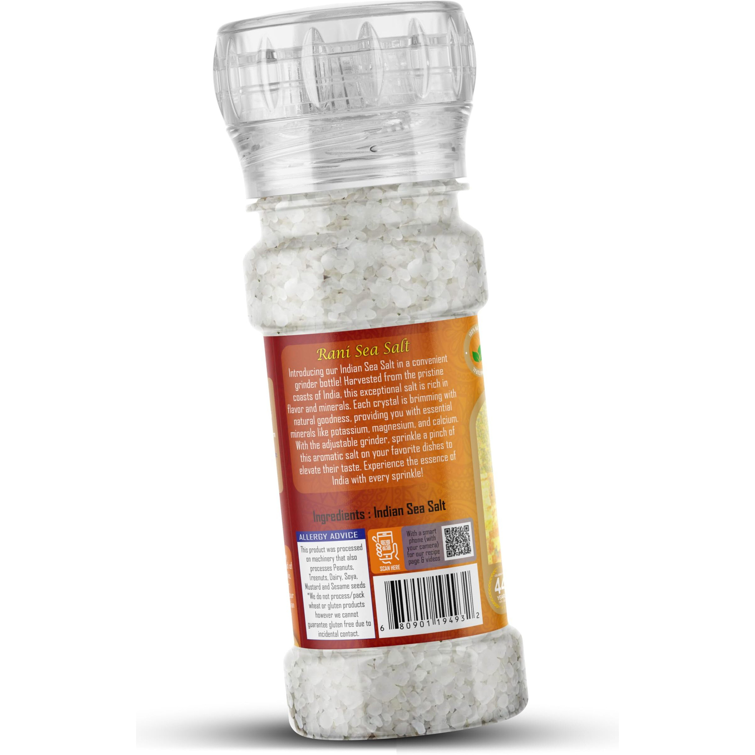 Rani Indian Sea Salt 4oz (115g) Grinder Bottle ~ Unrefined, Pure and Natural, Vegan, Gluten Friendly, NON-GMO, Kosher, Indian Origin