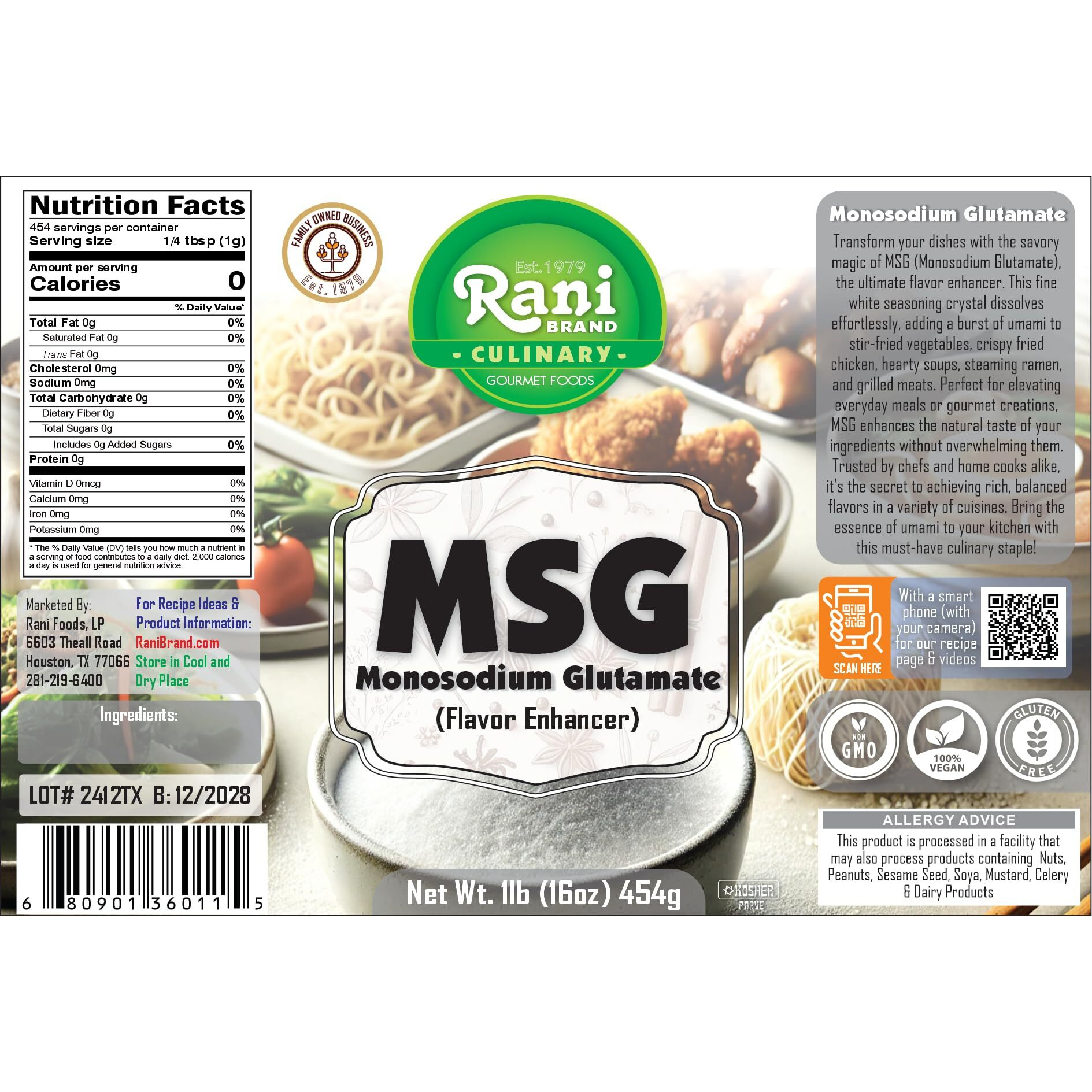 Rani MSG (Monosodium Glutamate) 16oz (1lb) 454g PET Jar ~ Flavor Enhancer, Umami Seasoning, Perfect for stir-frying, roasting, soups, Gluten Friendly, Vegan, NON-GMO, Kosher, Indian Origin