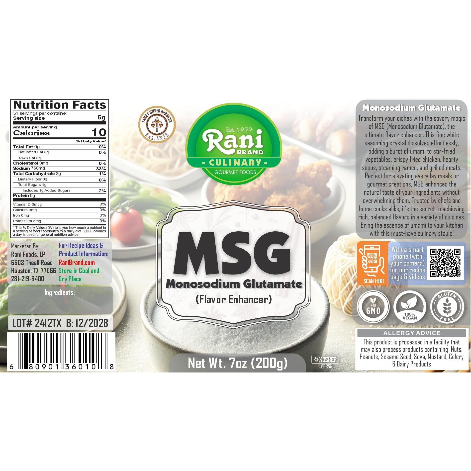 Rani MSG (Monosodium Glutamate) 7oz (200g) PET Jar ~ Flavor Enhancer, Umami Seasoning, Perfect for stir-frying, roasting, soups, Gluten Friendly, Vegan, NON-GMO, Kosher, Indian Origin