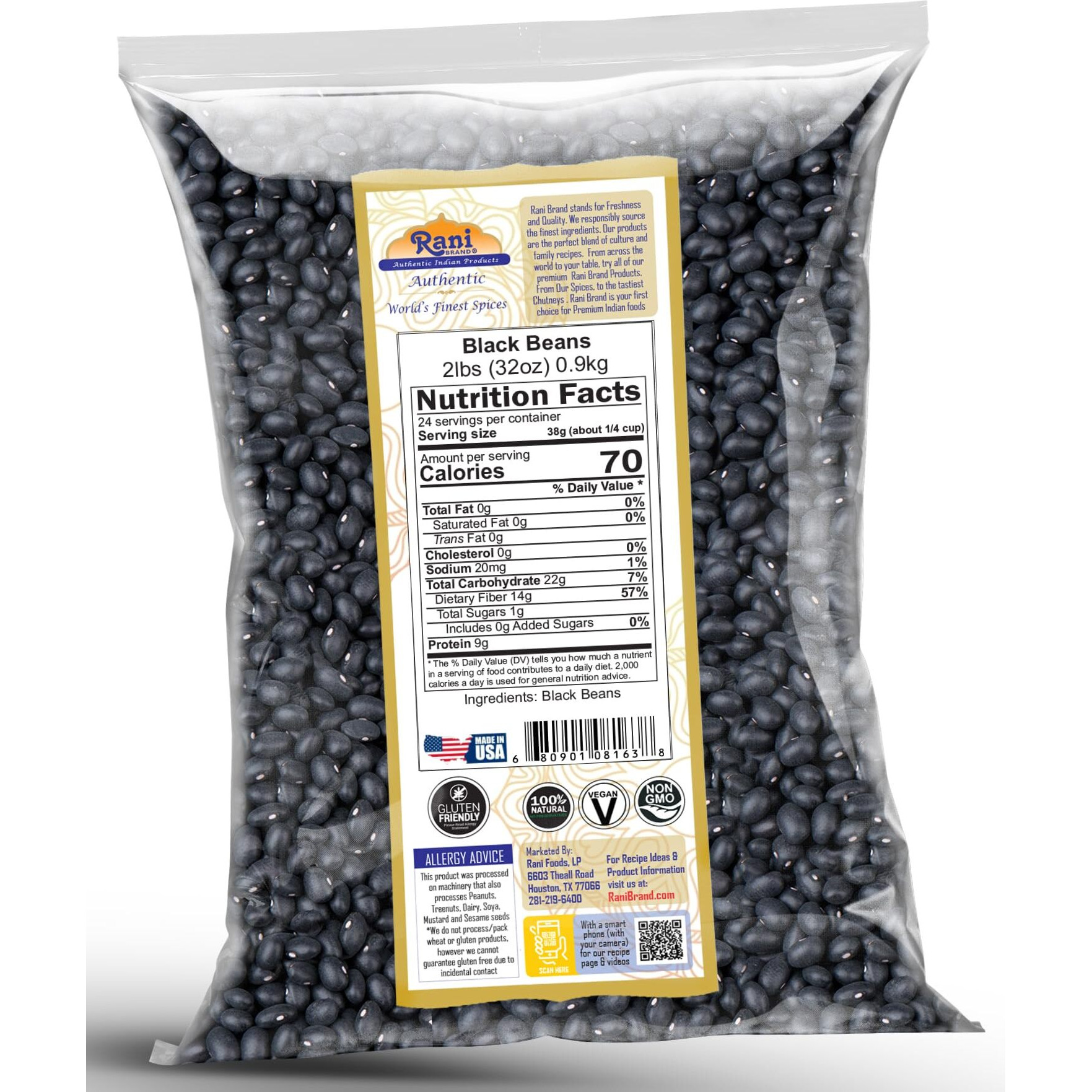 Rani Black Beans (Turtle Beans) 32oz (2lbs) 908g ~ All Natural, Vegan, Gluten Friendly, NON-GMO, Kosher, Product of USA