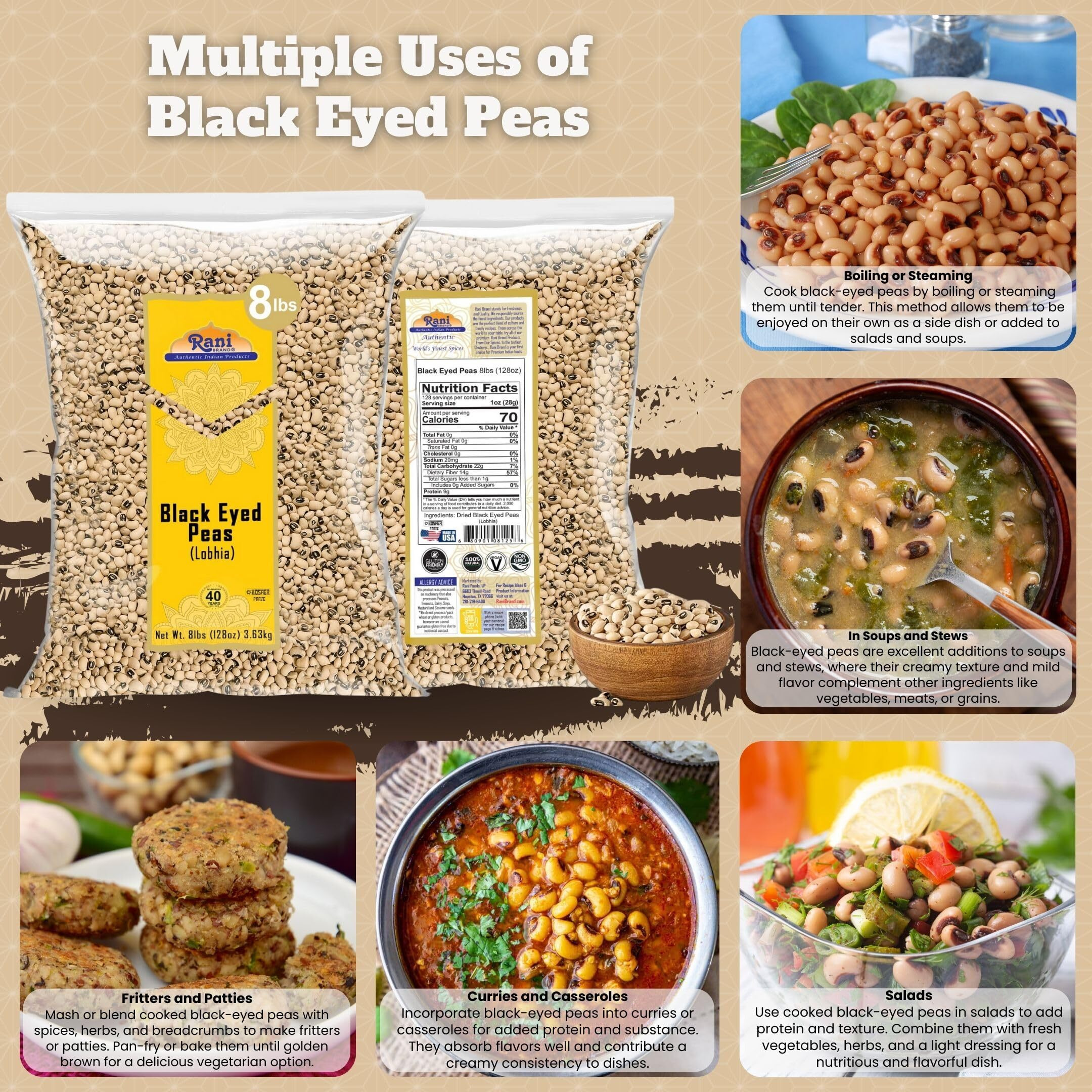 Rani Black Eyed Peas, Dried Cowpeas (Lobhia) 128oz (8lbs) 3.63kg Bulk ~ All Natural, Vegan, Kosher, Gluten Friendly, Product of USA