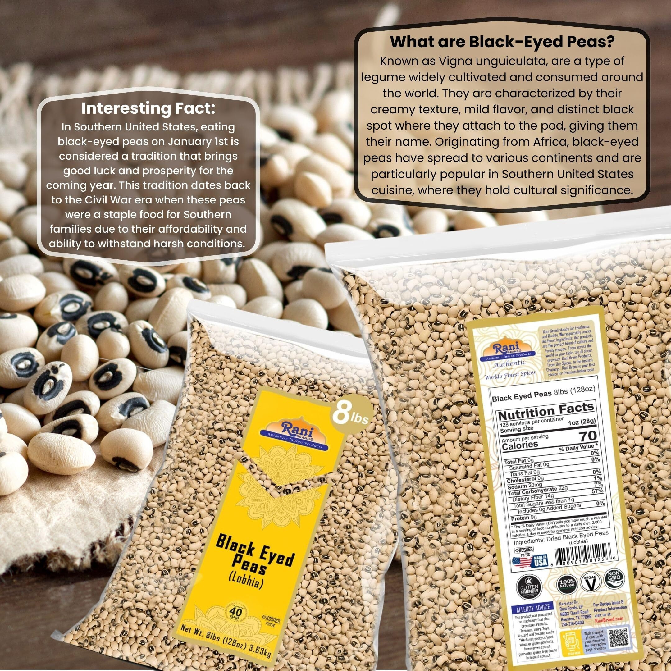 Rani Black Eyed Peas, Dried Cowpeas (Lobhia) 128oz (8lbs) 3.63kg Bulk ~ All Natural, Vegan, Kosher, Gluten Friendly, Product of USA