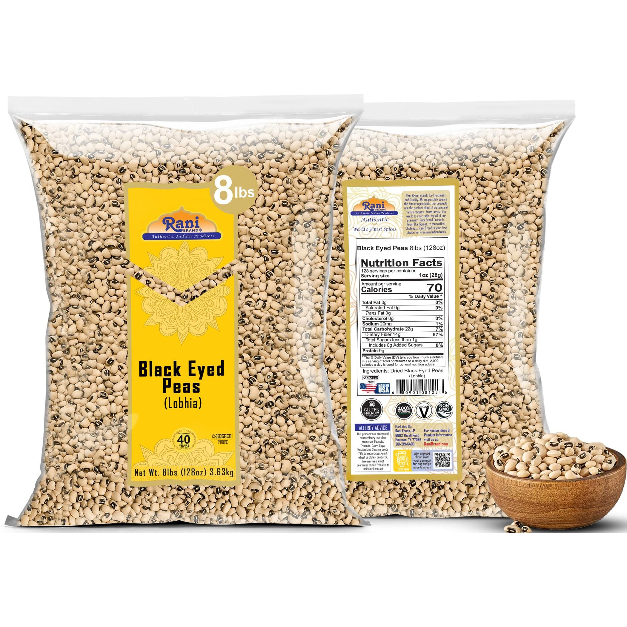 Rani Black Eyed Peas, Dried Cowpeas (Lobhia) 128oz (8lbs) 3.63kg Bulk ~ All Natural, Vegan, Kosher, Gluten Friendly, Product of USA