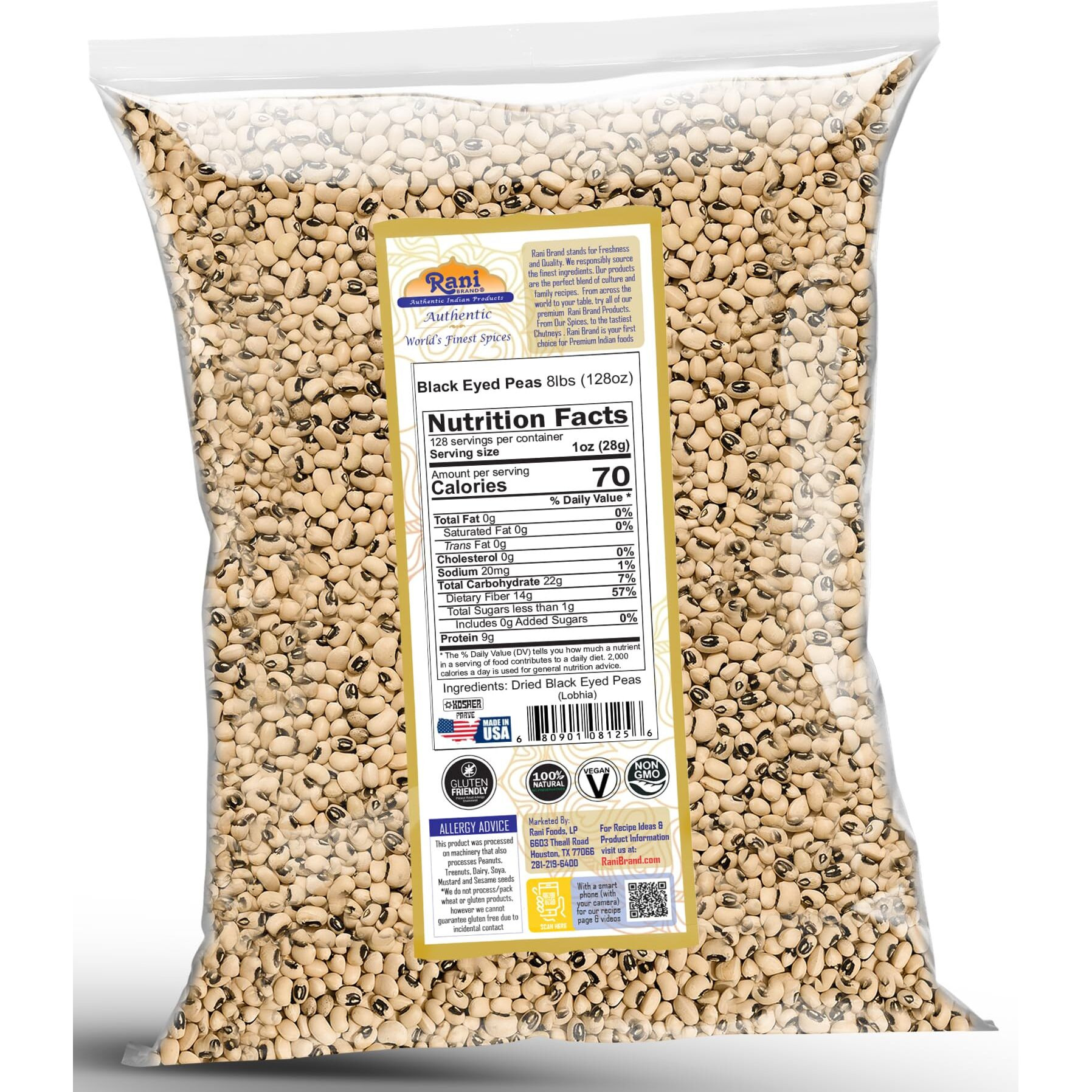 Rani Black Eyed Peas, Dried Cowpeas (Lobhia) 128oz (8lbs) 3.63kg Bulk ~ All Natural, Vegan, Kosher, Gluten Friendly, Product of USA