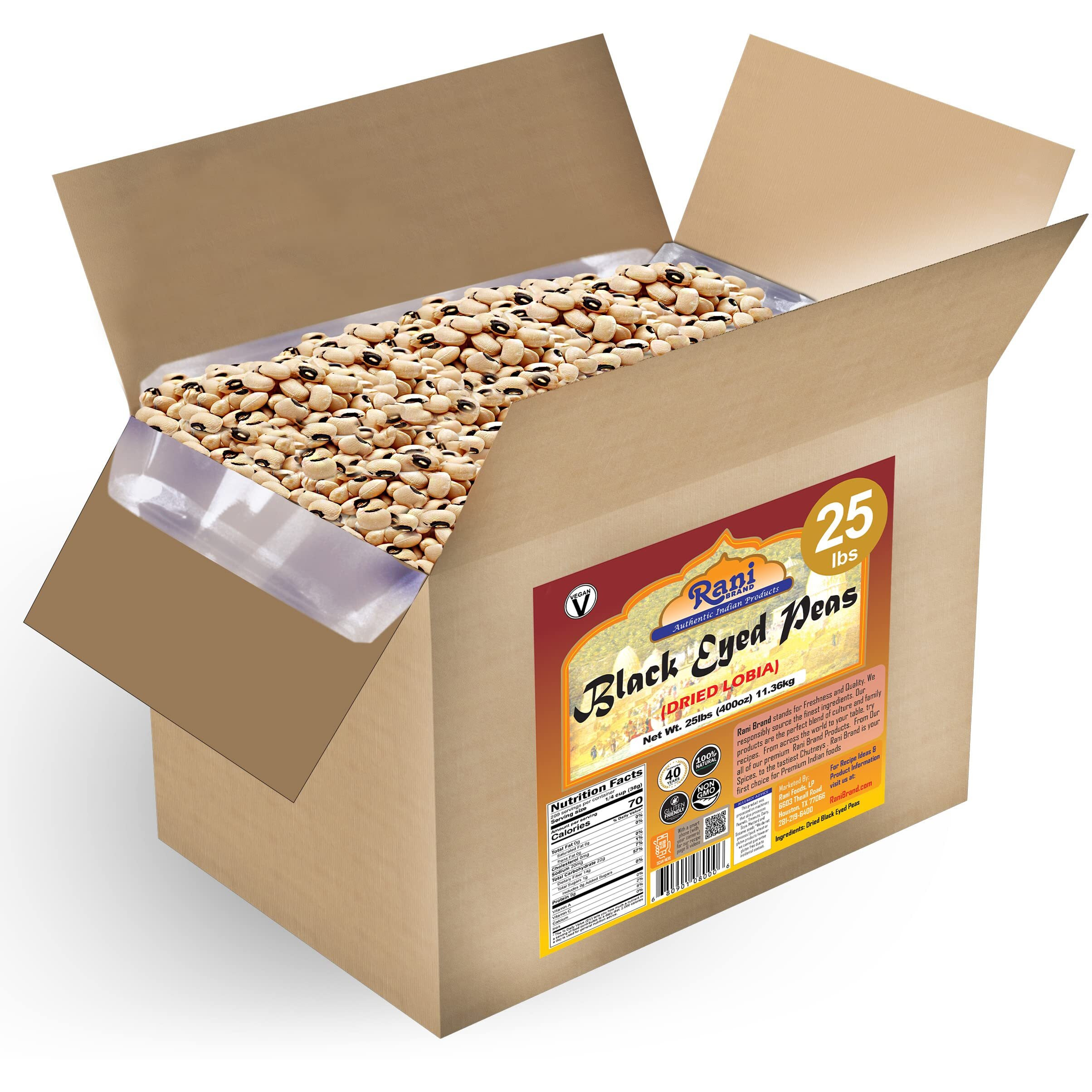 Rani Black Eyed Peas, Dried Cowpeas (Lobhia) 400oz (25lbs) 11.36kg Bulk Box ~ All Natural, Vegan, Kosher, Gluten Friendly, Product of USA