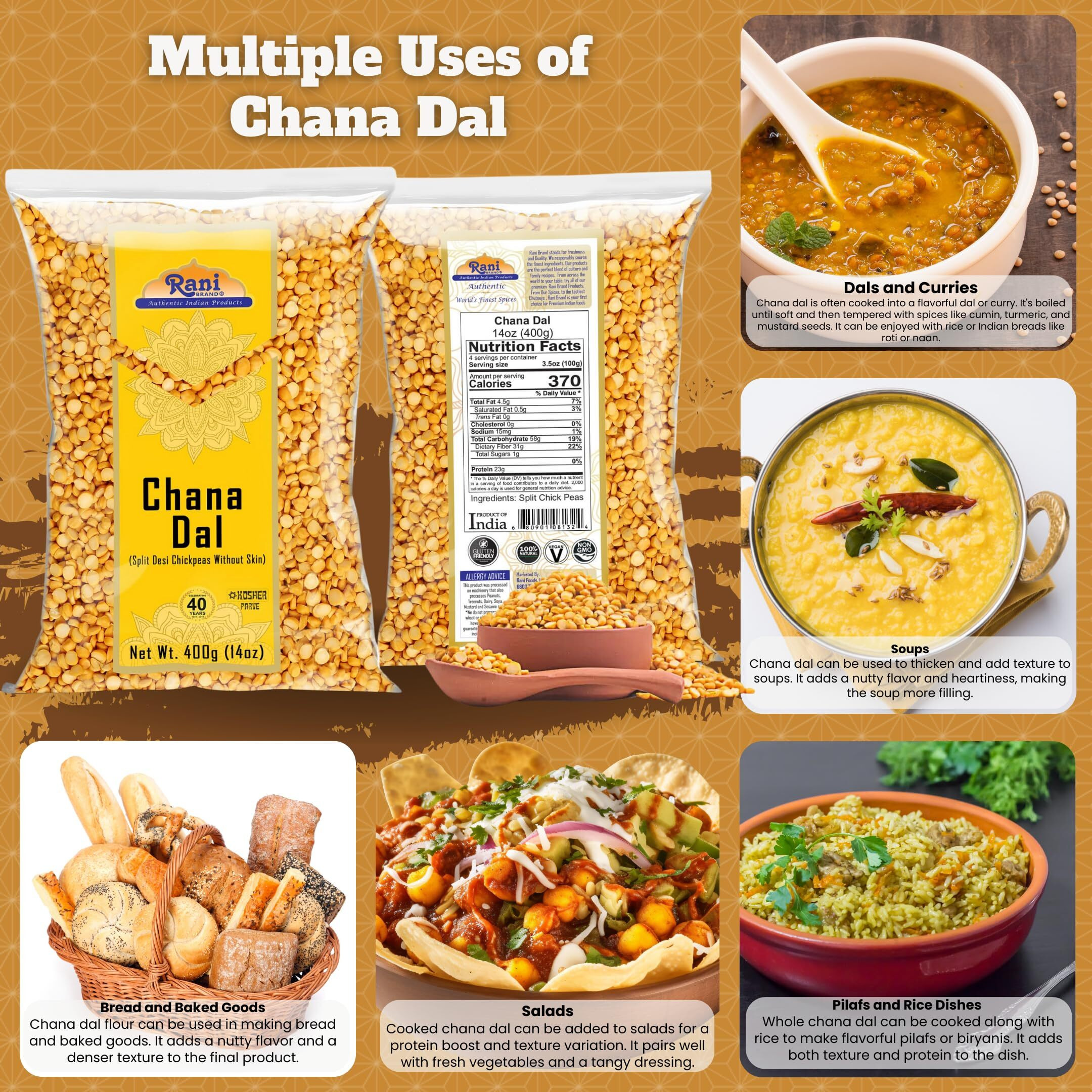 Rani Chana Dal (Split Desi Chickpeas without skin) 14oz (400g) ~ All Natural, Gluten Friendly, NON-GMO, Kosher, Vegan, Indian Origin