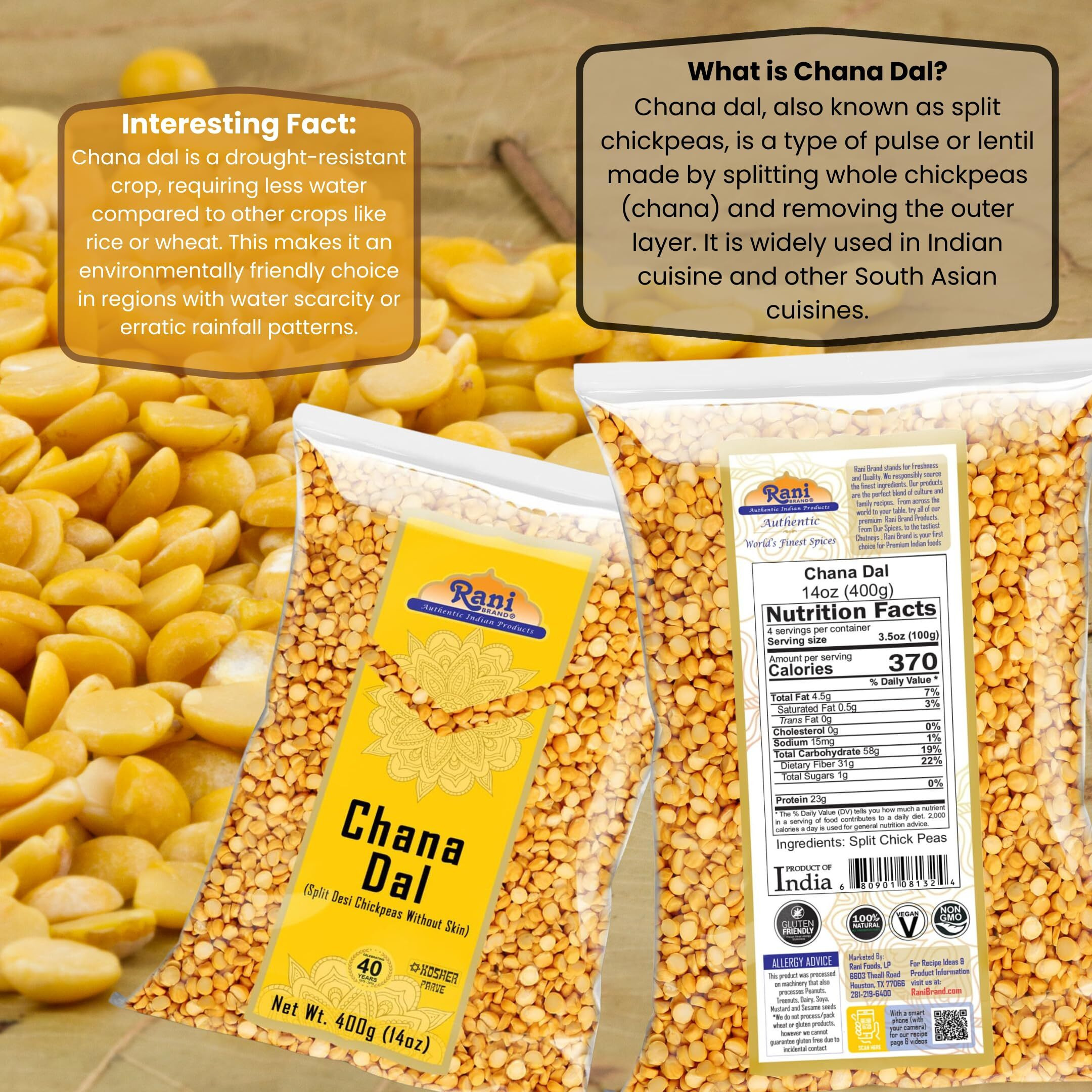 Rani Chana Dal (Split Desi Chickpeas without skin) 14oz (400g) ~ All Natural, Gluten Friendly, NON-GMO, Kosher, Vegan, Indian Origin