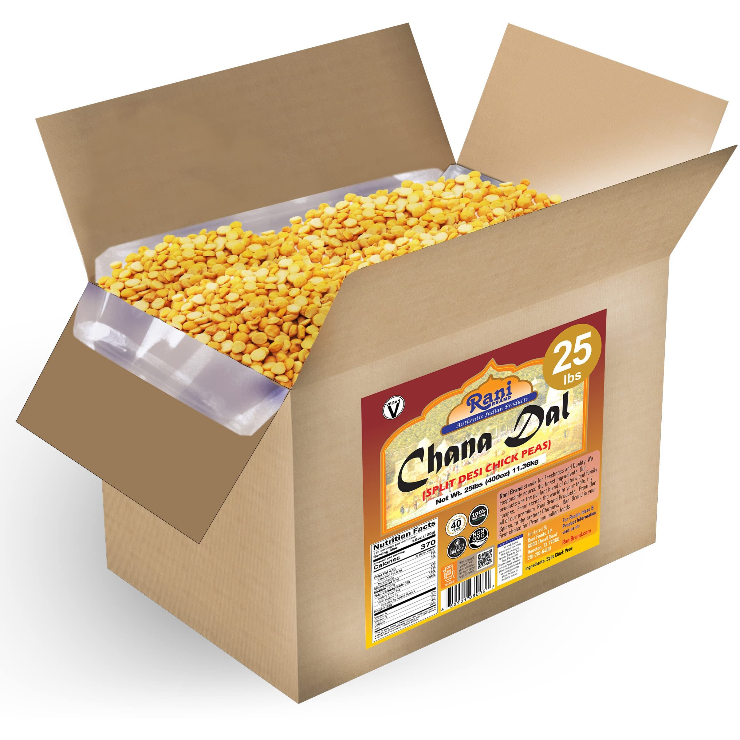 Rani Chana Dal (Split Desi Chickpeas without skin) 400oz (25lbs) 11.36kg Bulk Box ~ All Natural, Gluten Friendly, NON-GMO, Kosher, Vegan, Indian Origin