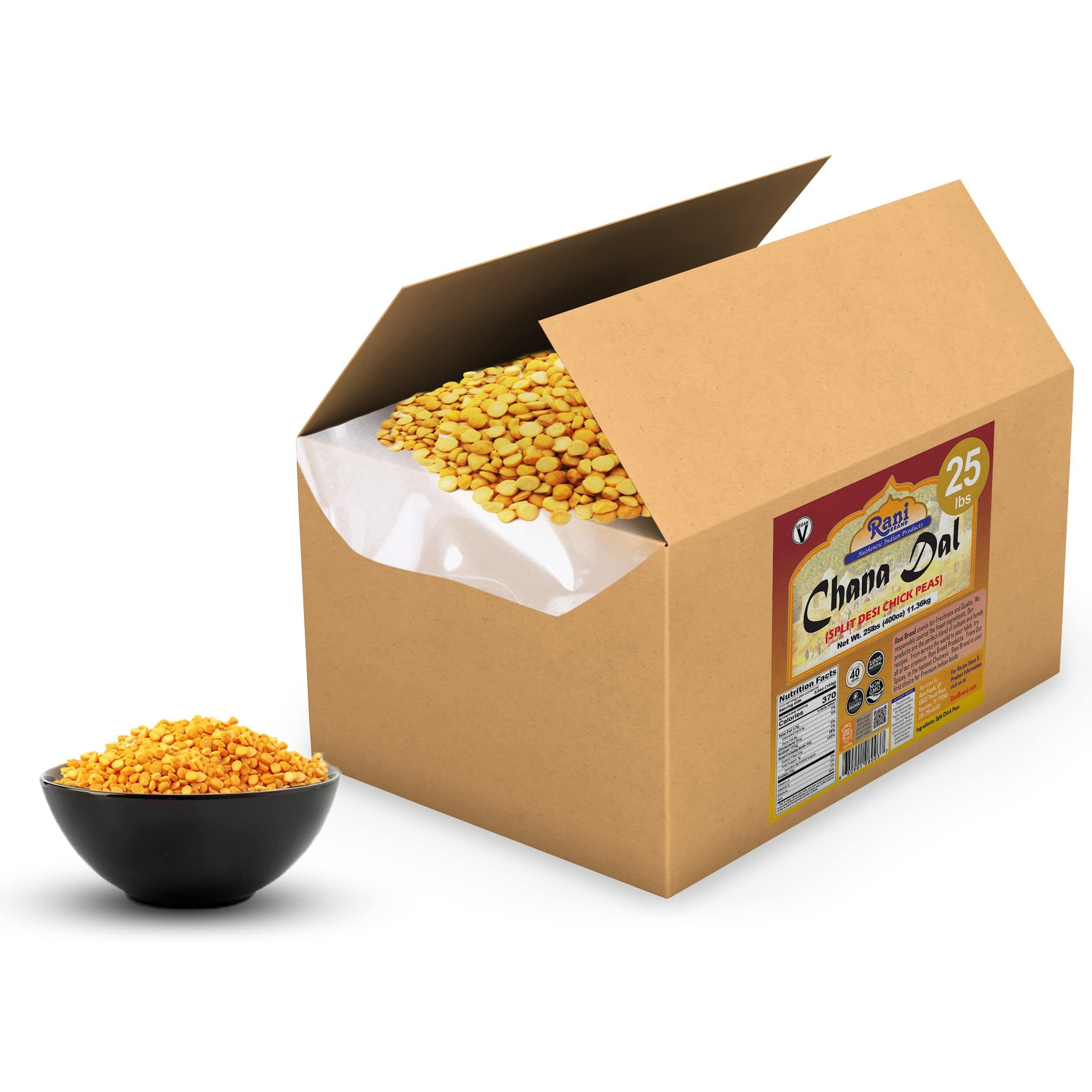 Rani Chana Dal (Split Desi Chickpeas without skin) 400oz (25lbs) 11.36kg Bulk Box ~ All Natural, Gluten Friendly, NON-GMO, Kosher, Vegan, Indian Origin