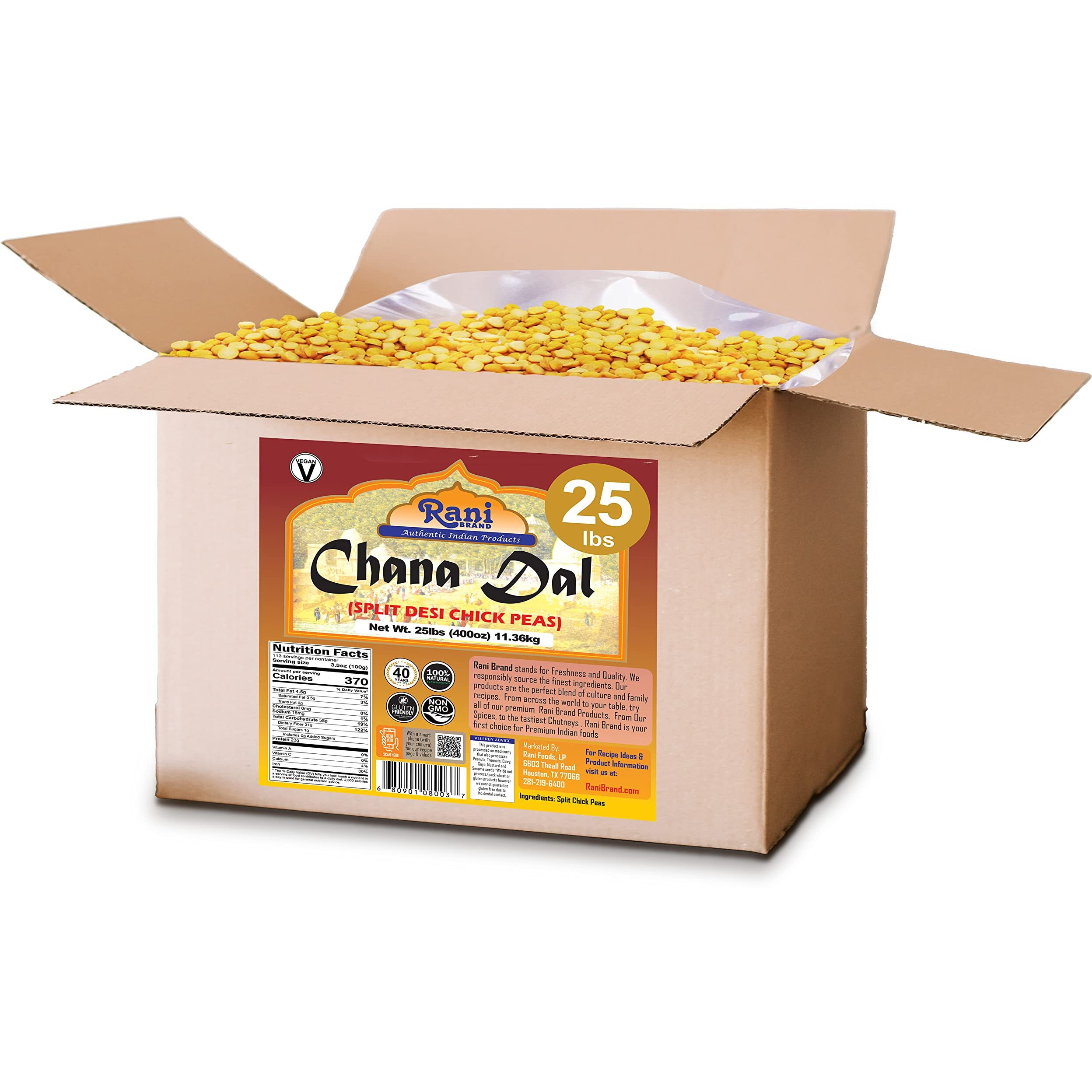 Rani Chana Dal (Split Desi Chickpeas without skin) 400oz (25lbs) 11.36kg Bulk Box ~ All Natural, Gluten Friendly, NON-GMO, Kosher, Vegan, Indian Origin