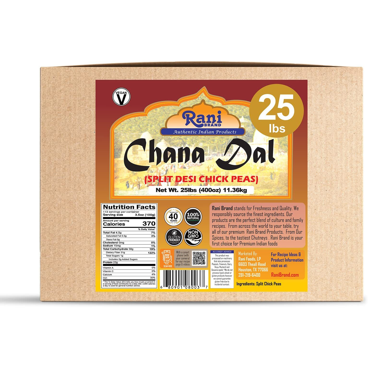 Rani Chana Dal (Split Desi Chickpeas without skin) 400oz (25lbs) 11.36kg Bulk Box ~ All Natural, Gluten Friendly, NON-GMO, Kosher, Vegan, Indian Origin