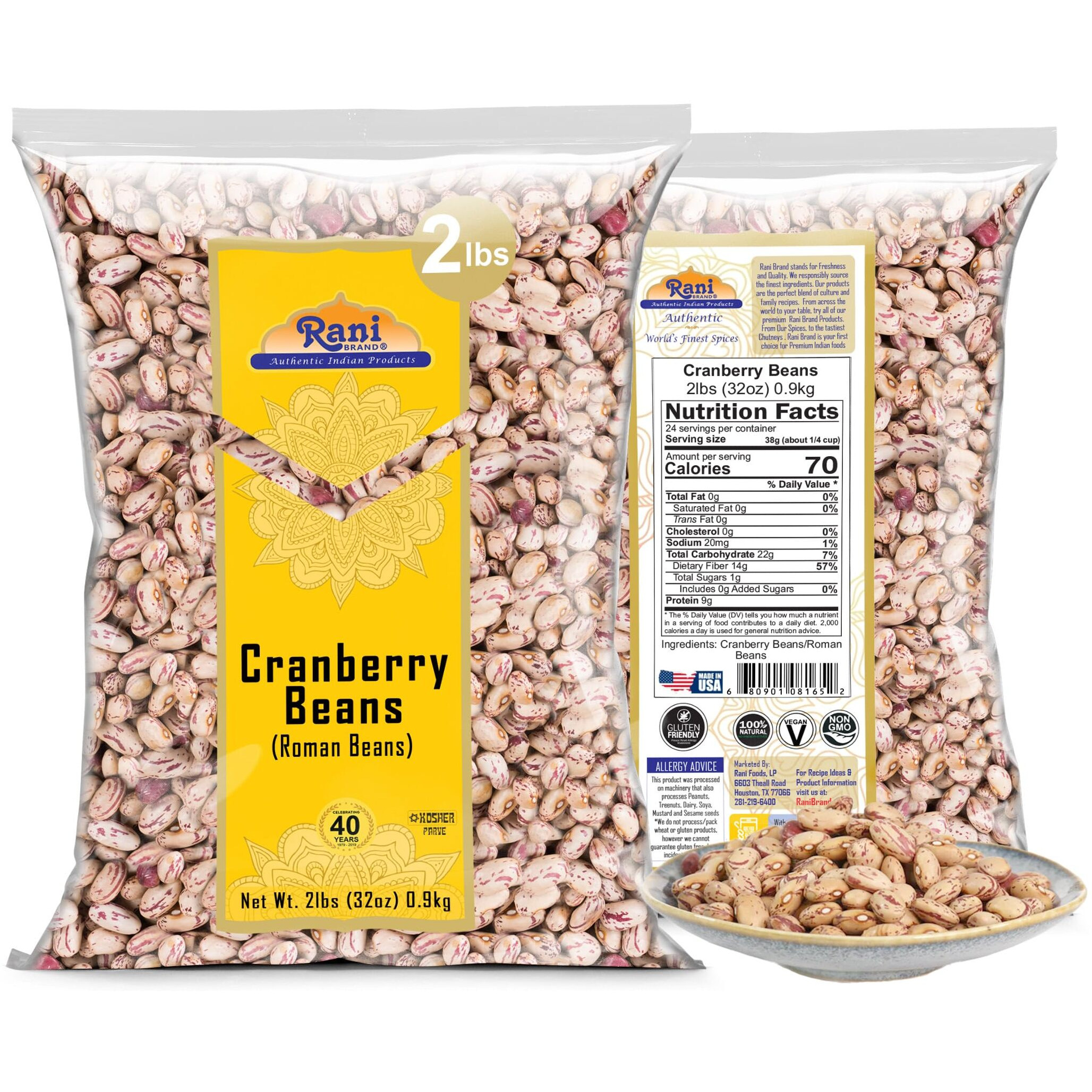 Rani Cranberry Beans (Roman Beans) 32oz (2lbs) 908g ~ All Natural, Vegan, Gluten Friendly, NON-GMO, Kosher, Product of USA