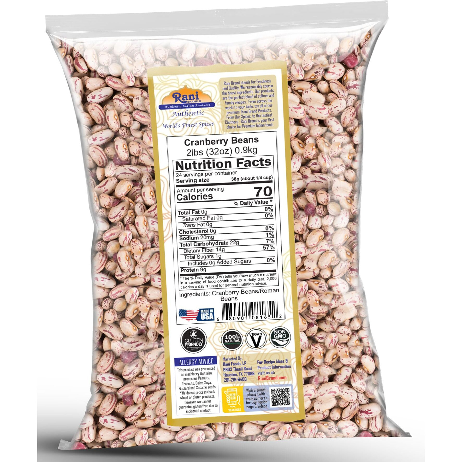Rani Cranberry Beans (Roman Beans) 32oz (2lbs) 908g ~ All Natural, Vegan, Gluten Friendly, NON-GMO, Kosher, Product of USA