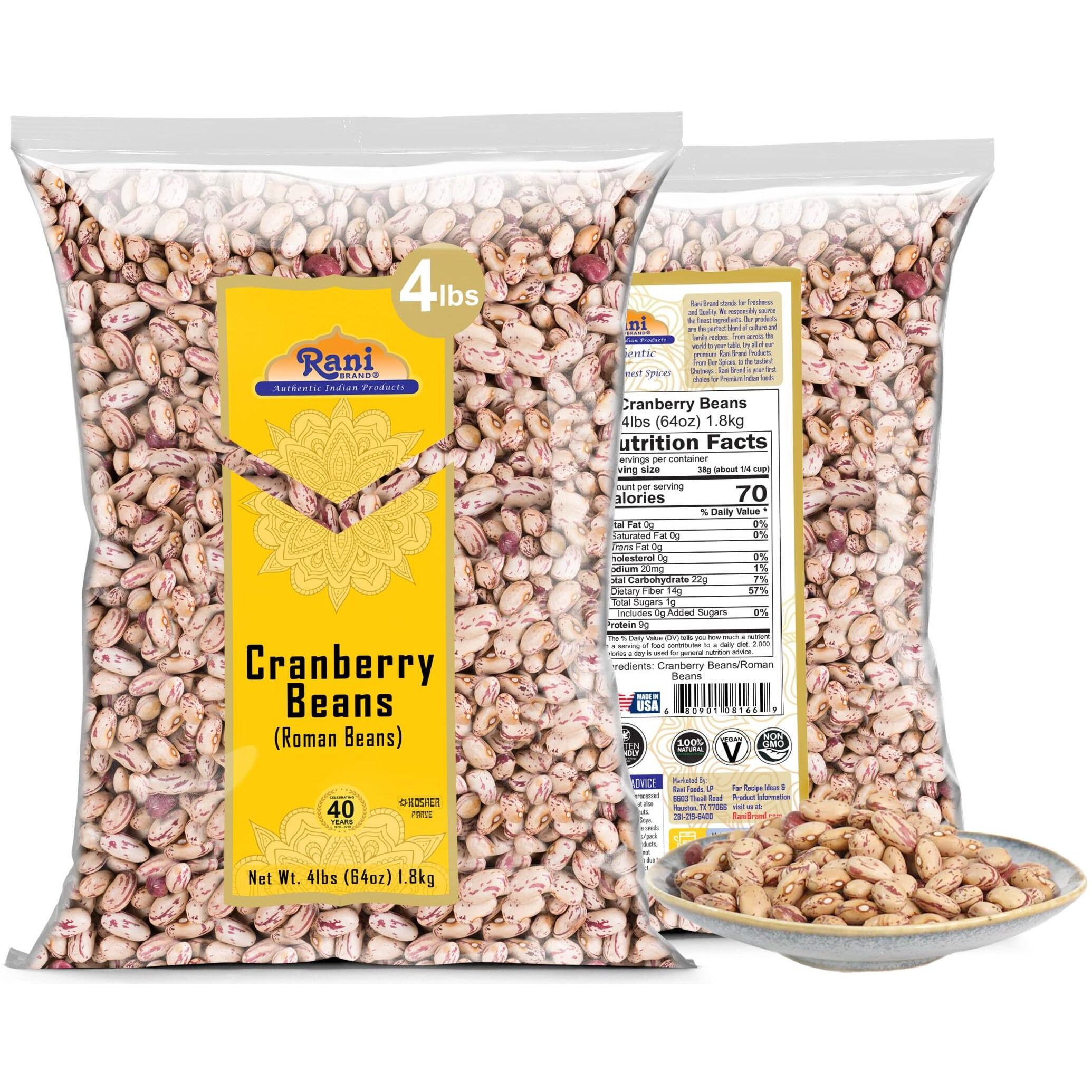Rani Cranberry Beans (Roman Beans) 64oz (4lbs) 1.81kg Bulk ~ All Natural, Vegan, Gluten Friendly, NON-GMO, Kosher, Product of USA