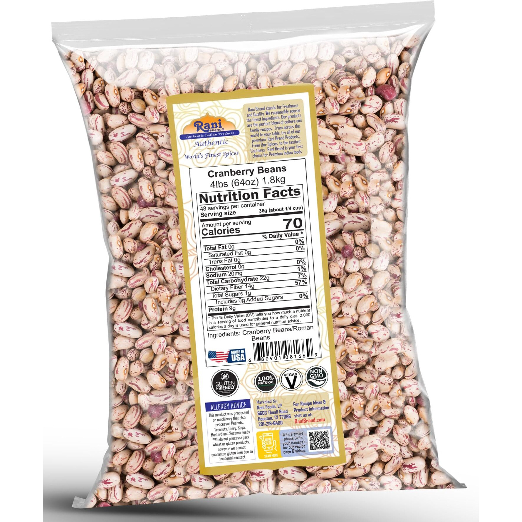 Rani Cranberry Beans (Roman Beans) 64oz (4lbs) 1.81kg Bulk ~ All Natural, Vegan, Gluten Friendly, NON-GMO, Kosher, Product of USA