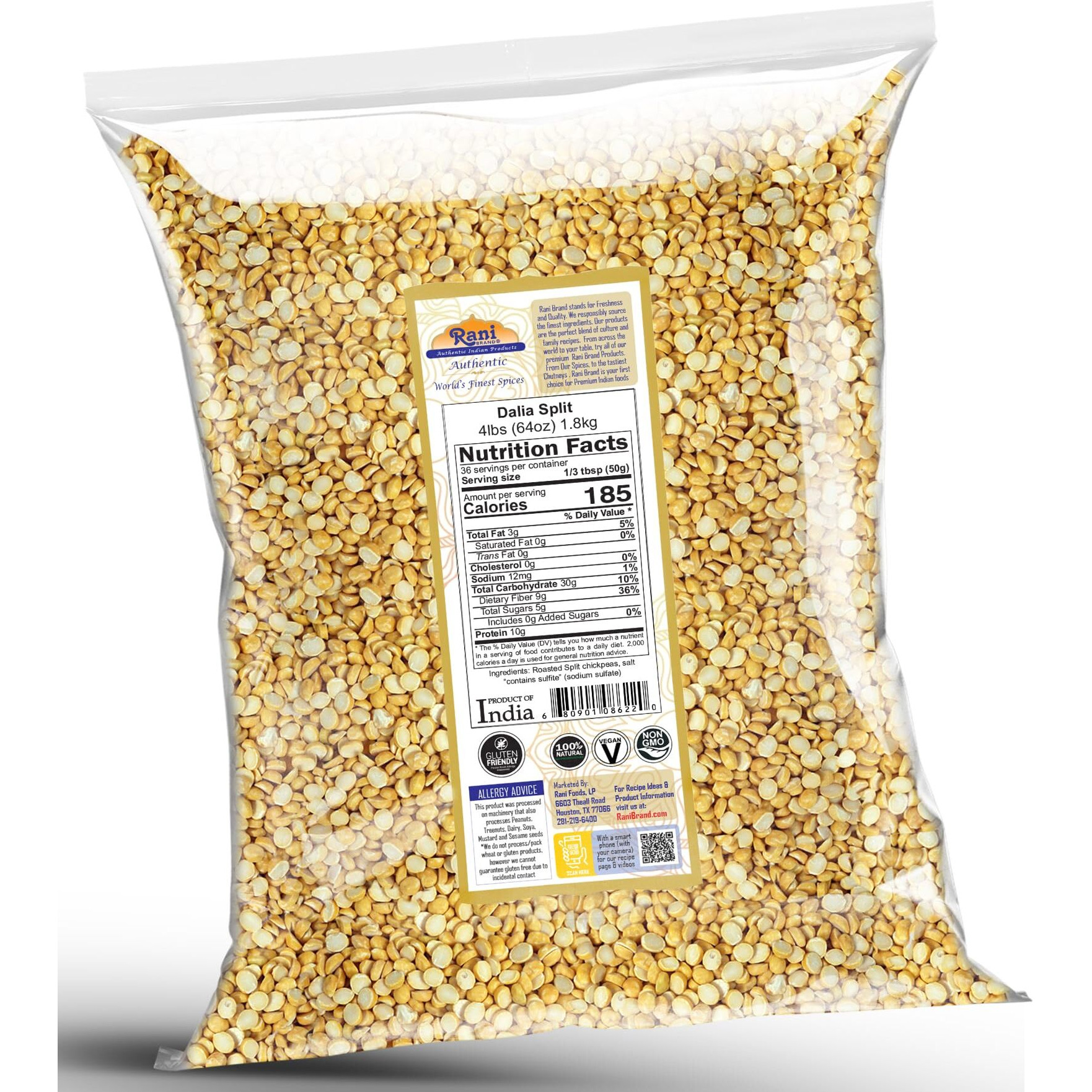 Rani Daliya Split (Roasted Split Chickpeas Dalia) 4lbs (64oz) ~ All Natural, Vegan, Indian Origin