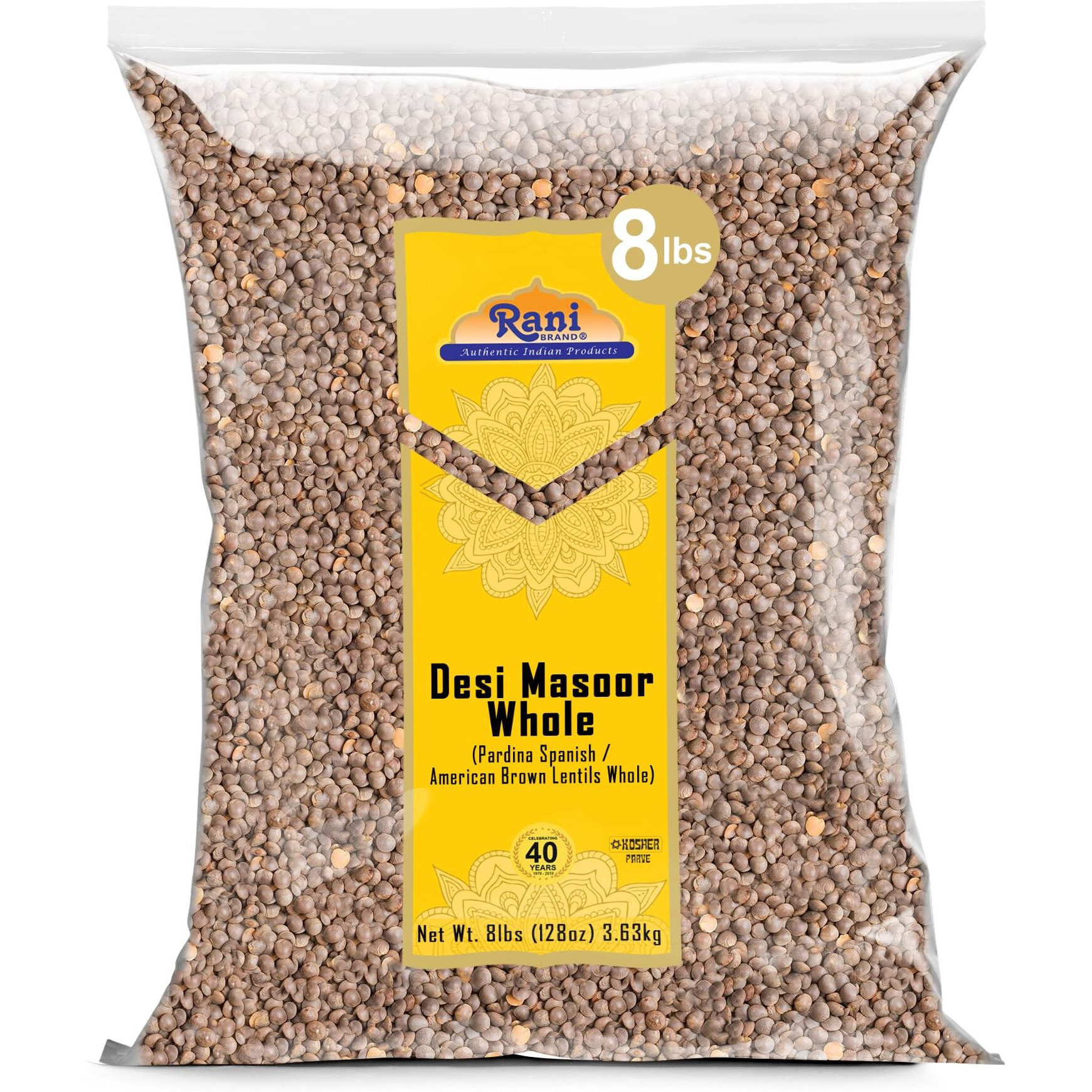 Rani Desi Masoor (Masur) Whole 128oz (8lbs) 3.63kg (aka. Pardina Spanish/American Brown Lentils Whole) Bulk ~ All Natural, Vegan, Gluten Friendly, Kosher, Product of USA