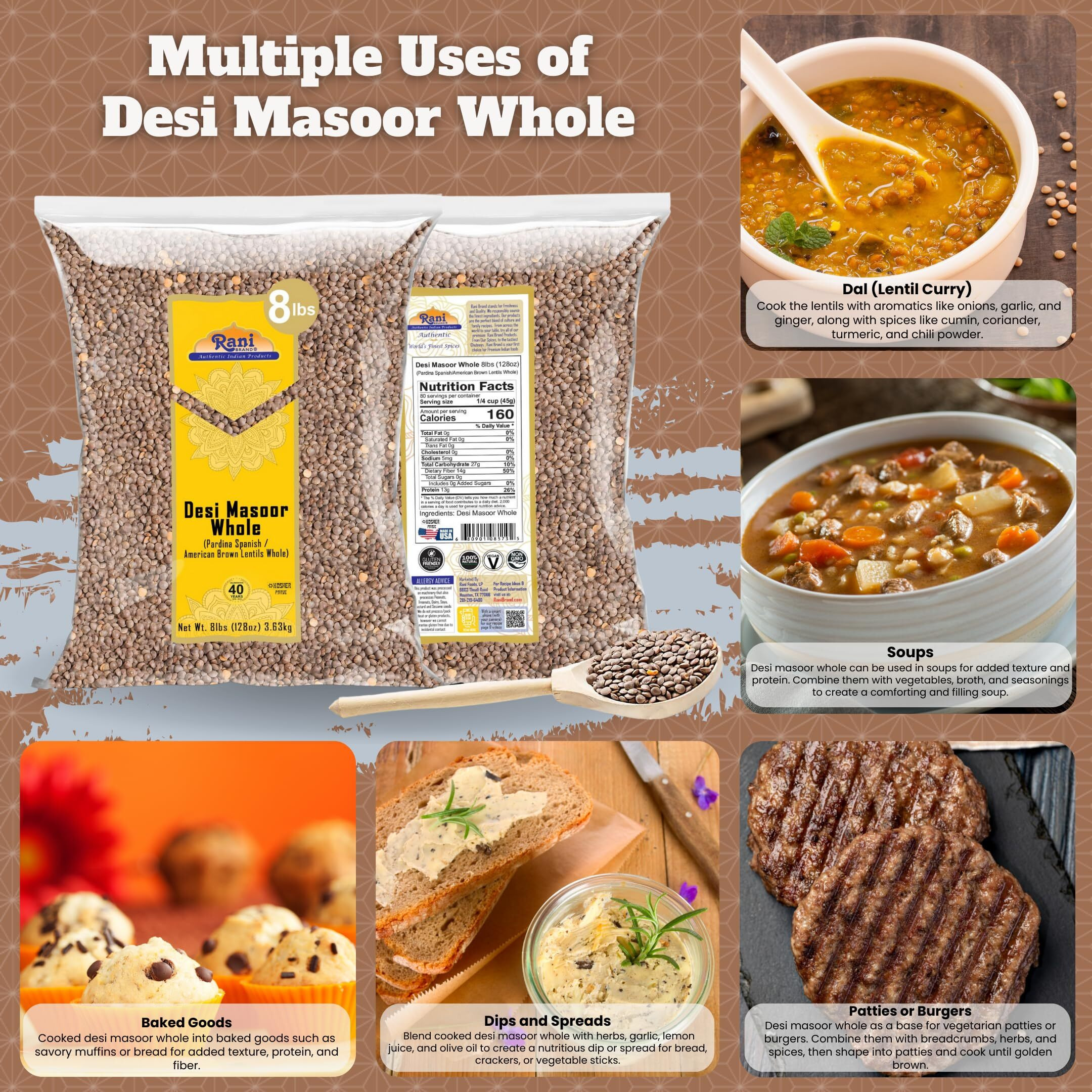 Rani Desi Masoor (Masur) Whole 128oz (8lbs) 3.63kg (aka. Pardina Spanish/American Brown Lentils Whole) Bulk ~ All Natural, Vegan, Gluten Friendly, Kosher, Product of USA