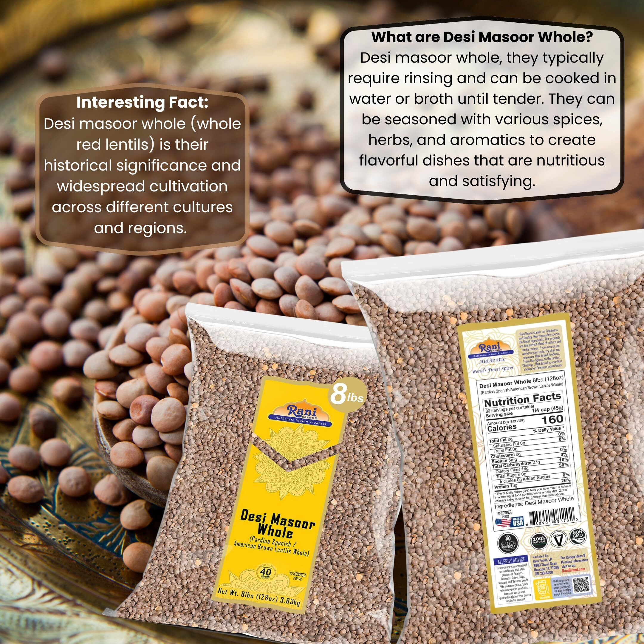 Rani Desi Masoor (Masur) Whole 128oz (8lbs) 3.63kg (aka. Pardina Spanish/American Brown Lentils Whole) Bulk ~ All Natural, Vegan, Gluten Friendly, Kosher, Product of USA