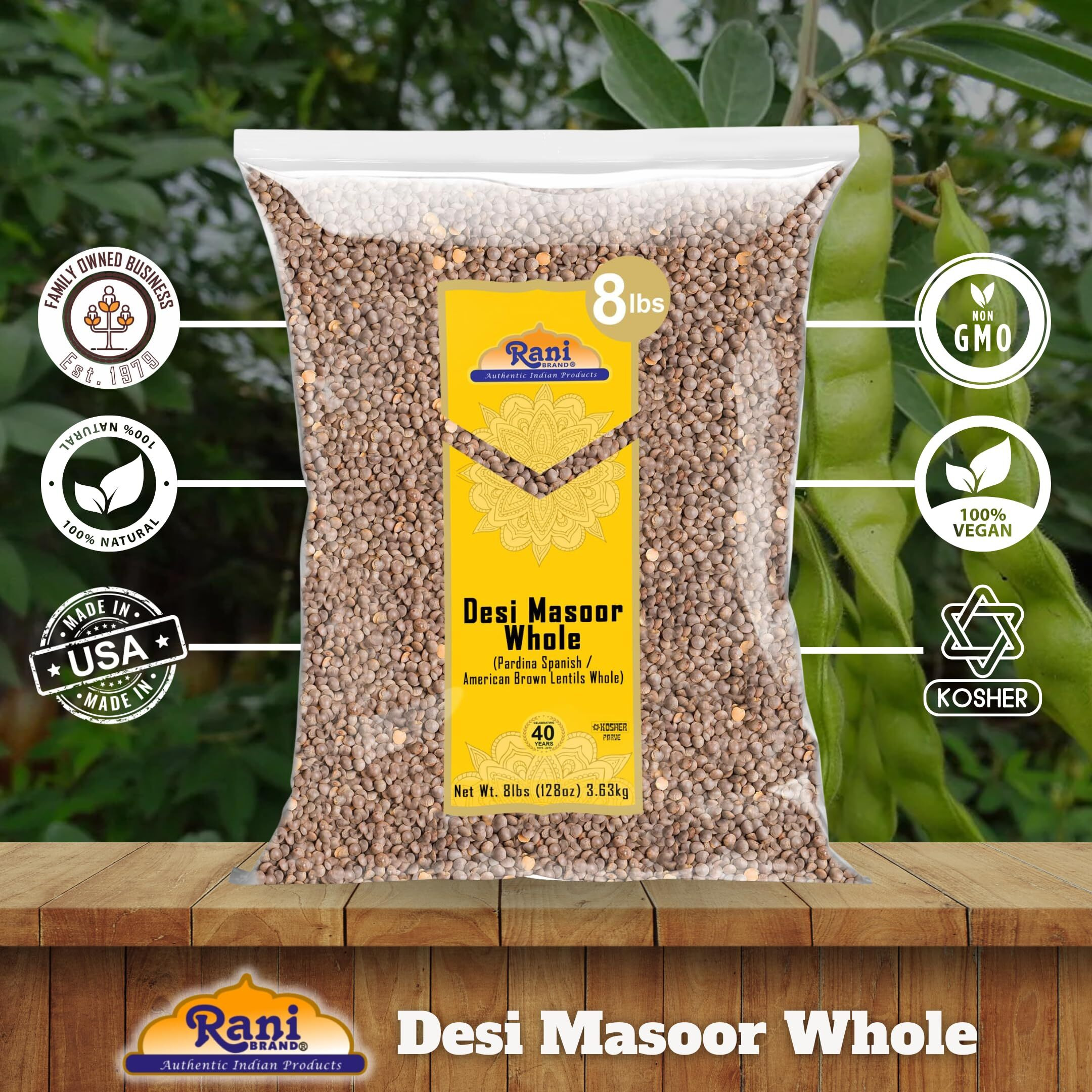 Rani Desi Masoor (Masur) Whole 128oz (8lbs) 3.63kg (aka. Pardina Spanish/American Brown Lentils Whole) Bulk ~ All Natural, Vegan, Gluten Friendly, Kosher, Product of USA
