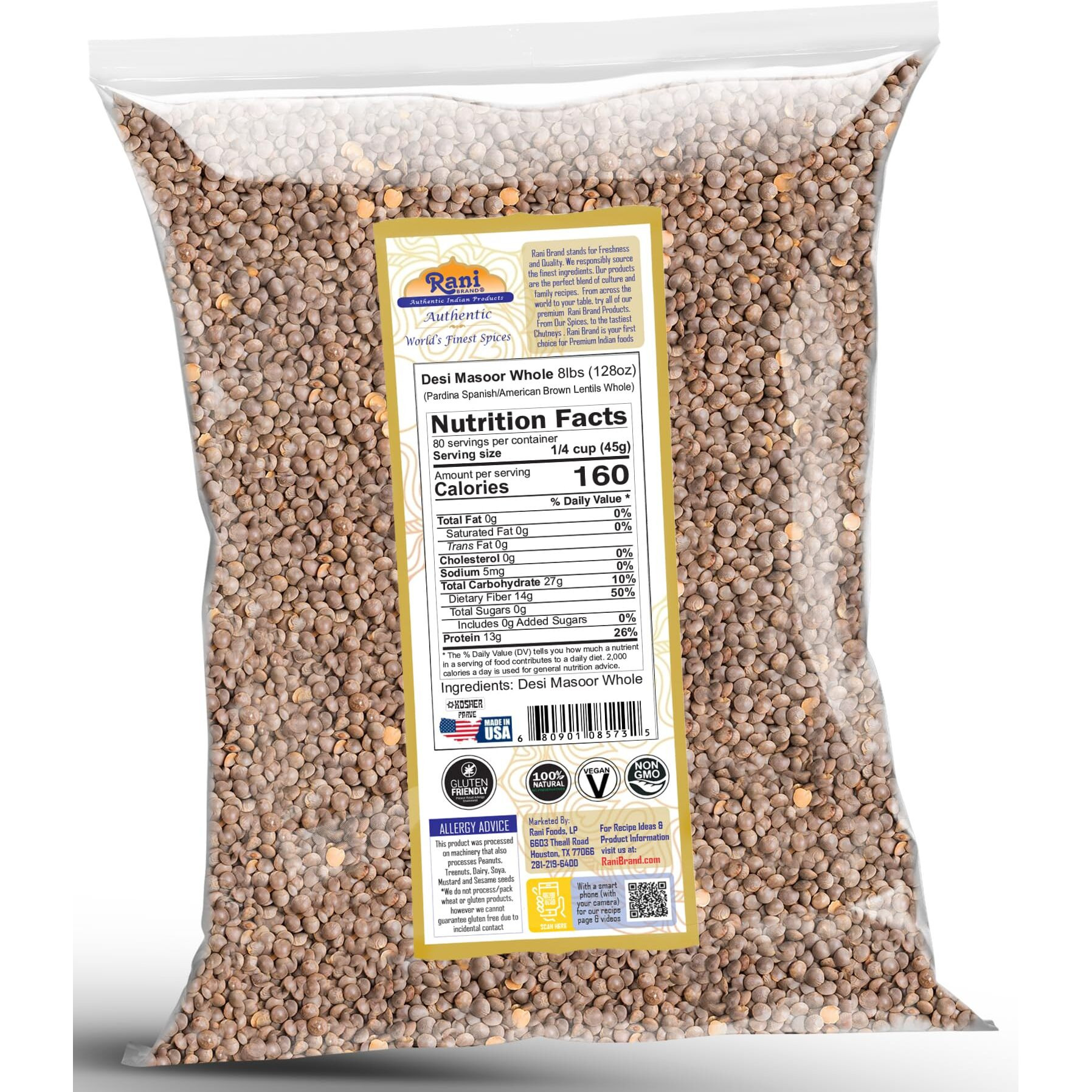Rani Desi Masoor (Masur) Whole 128oz (8lbs) 3.63kg (aka. Pardina Spanish/American Brown Lentils Whole) Bulk ~ All Natural, Vegan, Gluten Friendly, Kosher, Product of USA