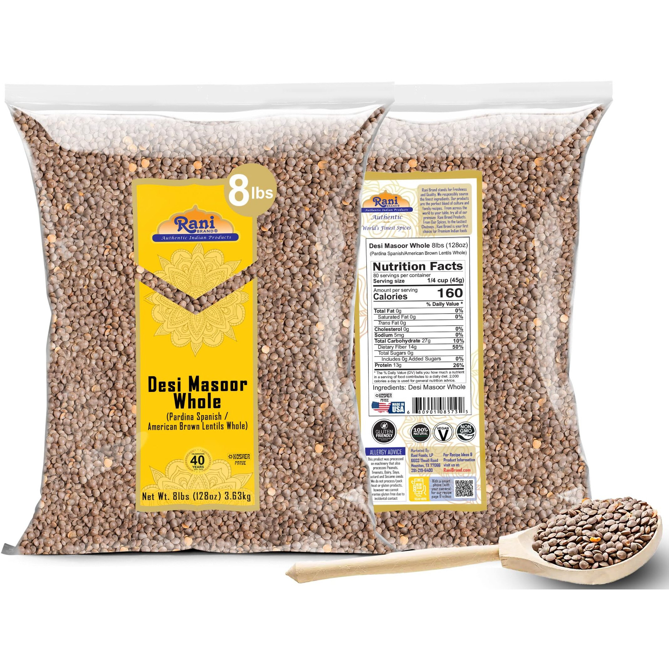Rani Desi Masoor (Masur) Whole 128oz (8lbs) 3.63kg (aka. Pardina Spanish/American Brown Lentils Whole) Bulk ~ All Natural, Vegan, Gluten Friendly, Kosher, Product of USA