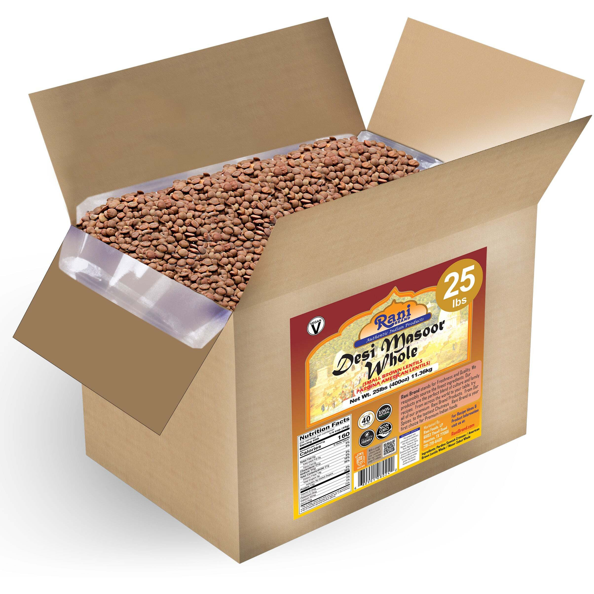 Rani Desi Masoor (Masur) Whole 400oz (25lbs) 11.36kg (aka. Pardina Spanish / American Brown Lentils Whole) Bulk Box ~ All Natural, Vegan, Gluten Friendly, Product of USA