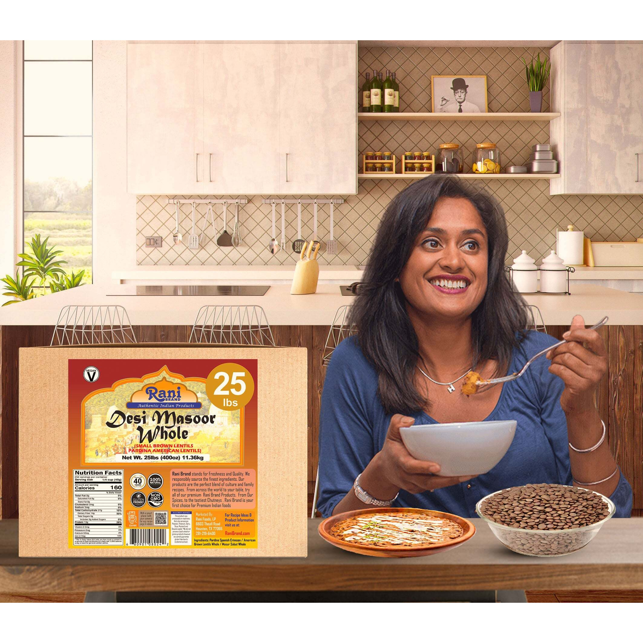 Rani Desi Masoor (Masur) Whole 400oz (25lbs) 11.36kg (aka. Pardina Spanish / American Brown Lentils Whole) Bulk Box ~ All Natural, Vegan, Gluten Friendly, Product of USA