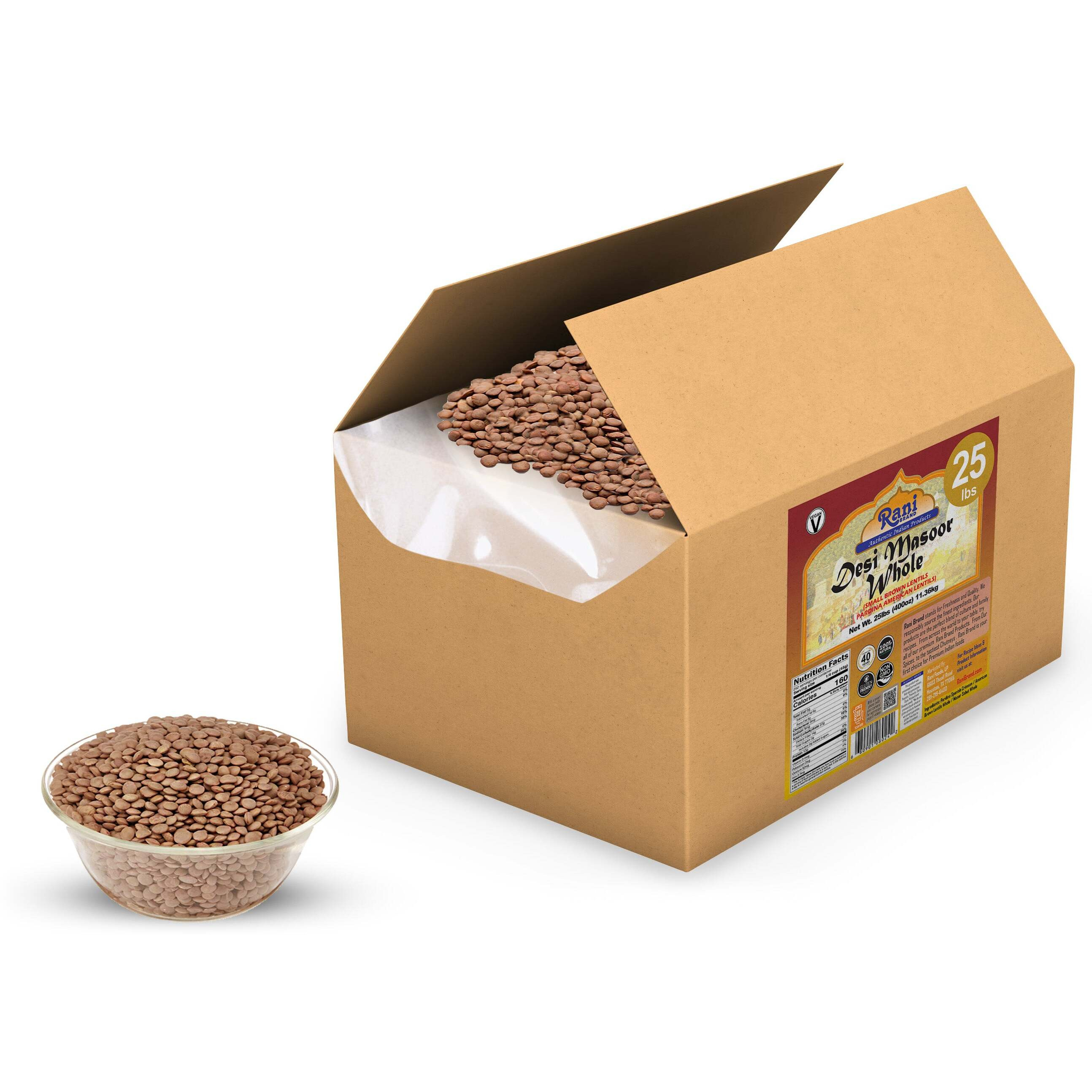 Rani Desi Masoor (Masur) Whole 400oz (25lbs) 11.36kg (aka. Pardina Spanish / American Brown Lentils Whole) Bulk Box ~ All Natural, Vegan, Gluten Friendly, Product of USA