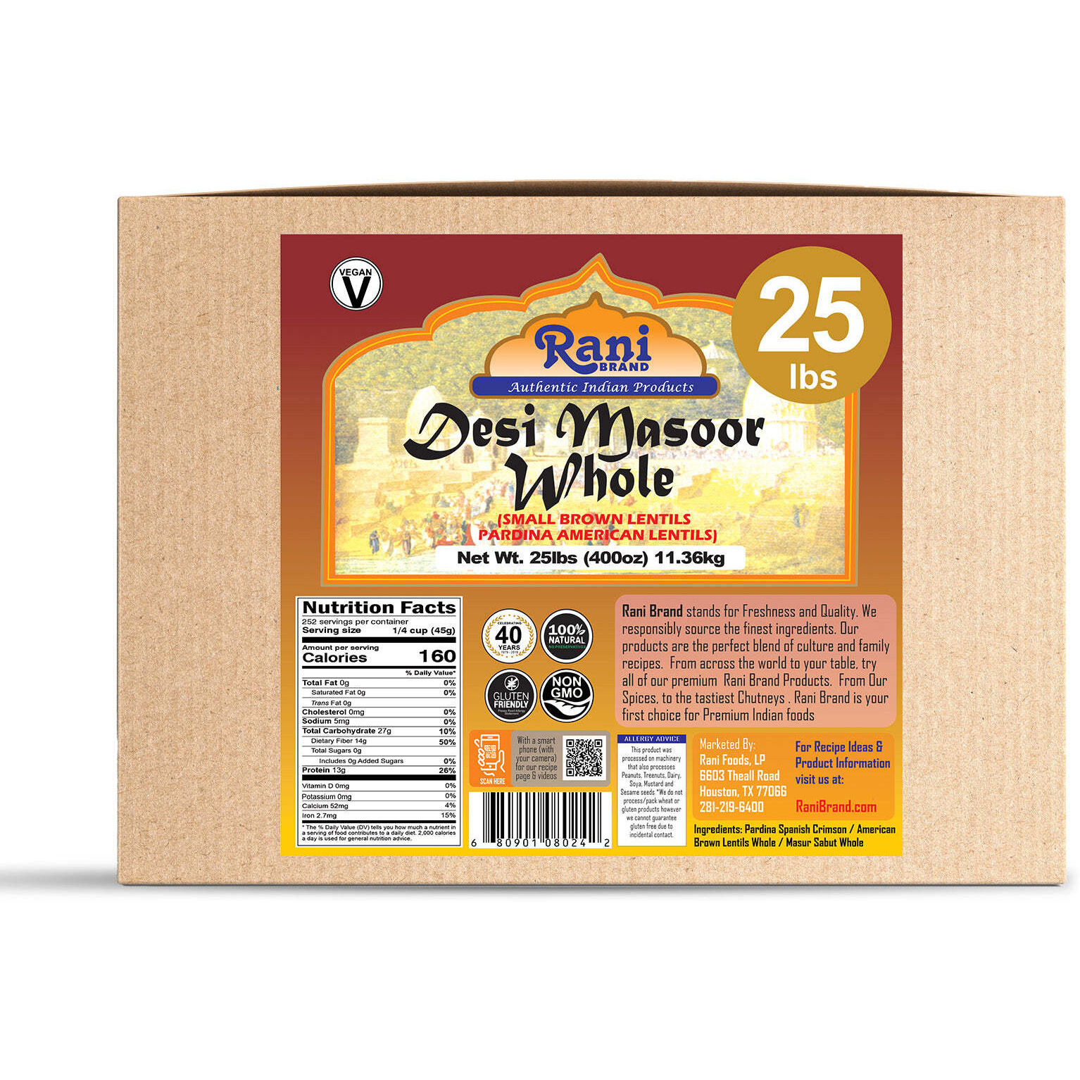 Rani Desi Masoor (Masur) Whole 400oz (25lbs) 11.36kg (aka. Pardina Spanish / American Brown Lentils Whole) Bulk Box ~ All Natural, Vegan, Gluten Friendly, Product of USA