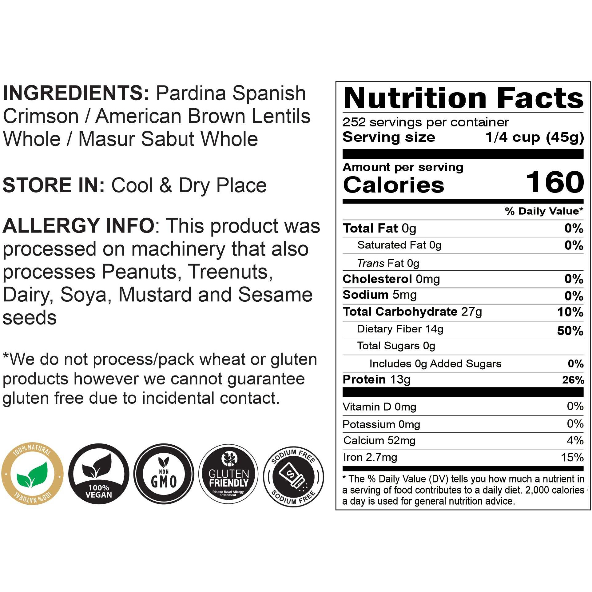 Rani Desi Masoor (Masur) Whole 400oz (25lbs) 11.36kg (aka. Pardina Spanish / American Brown Lentils Whole) Bulk Box ~ All Natural, Vegan, Gluten Friendly, Product of USA