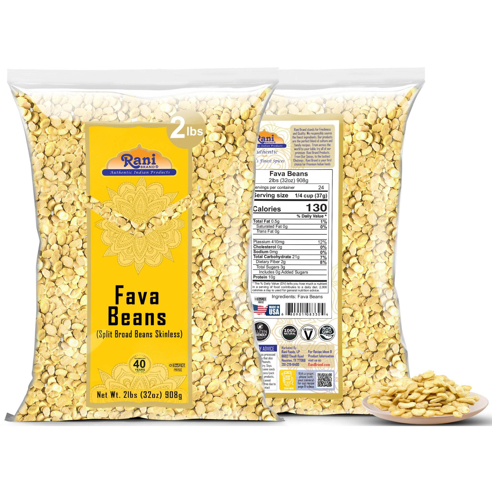 Rani Fava Beans (Split Broad Beans Skinless) 32oz (2lbs) 908g ~ All Natural, Gluten Friendly, Non-GMO, Kosher, Vegan, Product of USA