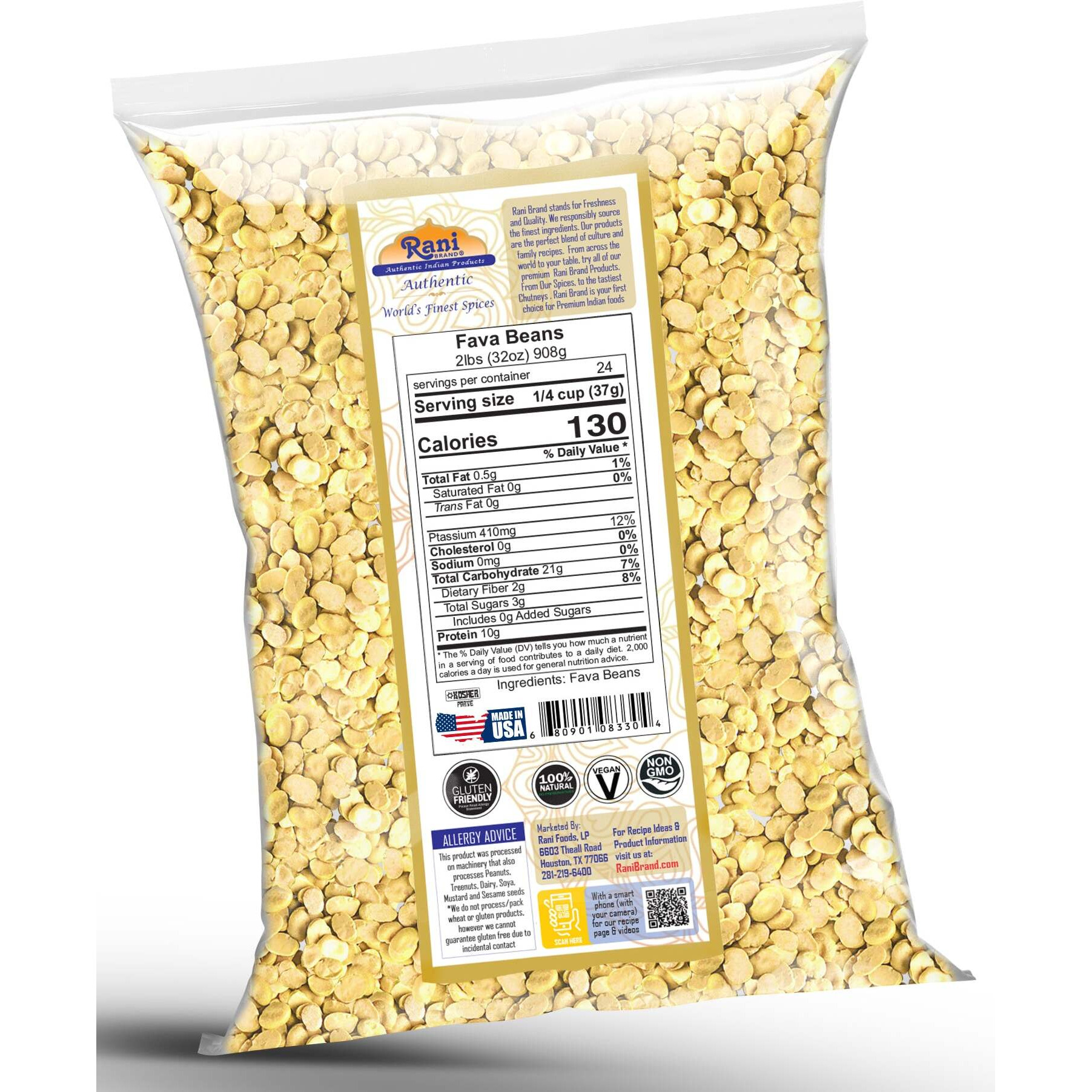 Rani Fava Beans (Split Broad Beans Skinless) 32oz (2lbs) 908g ~ All Natural, Gluten Friendly, Non-GMO, Kosher, Vegan, Product of USA