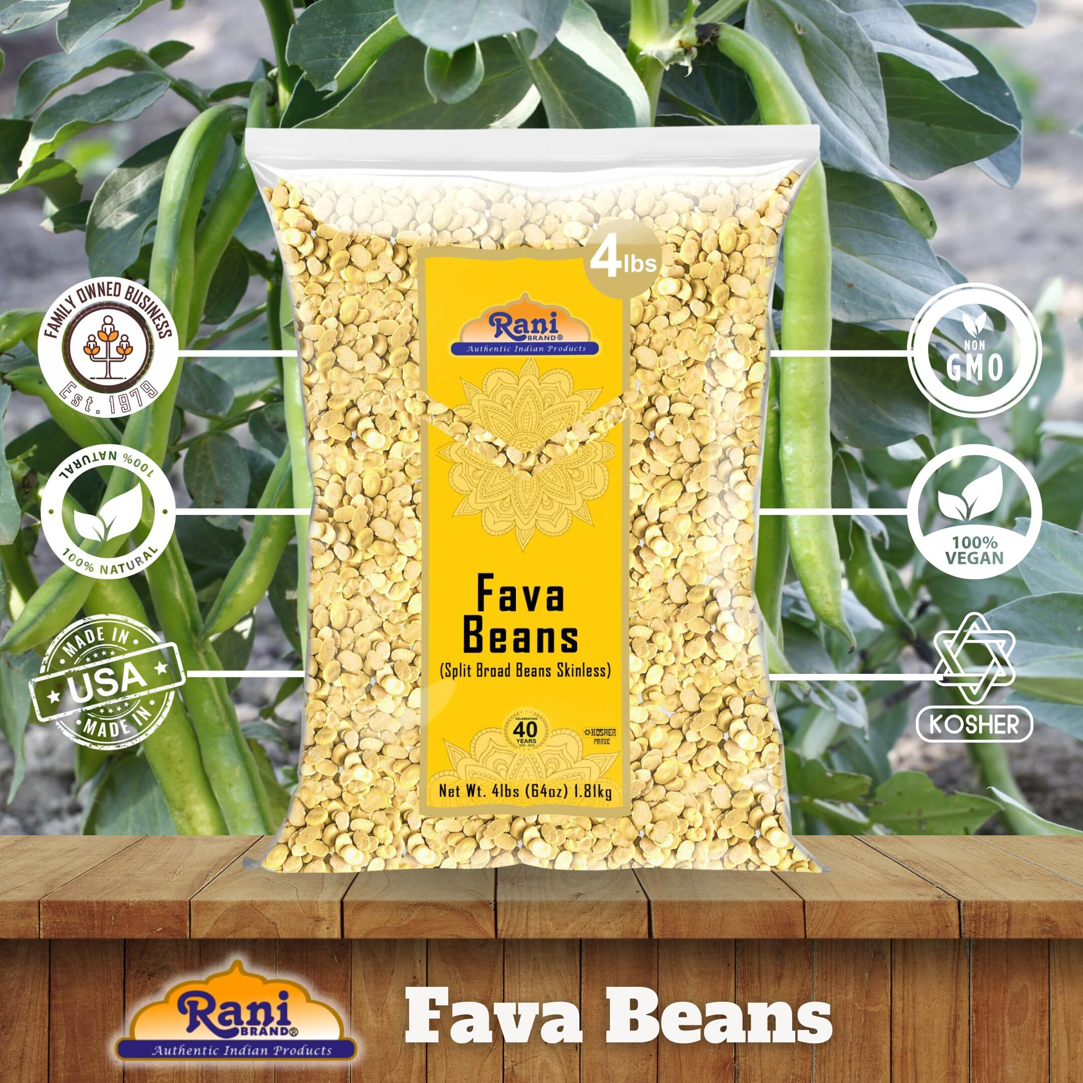 Rani Fava Beans (Split Broad Beans Skinless) 64oz (4lbs) 1.81kg Bulk ~ All Natural, Gluten Friendly, Non-GMO, Kosher, Vegan, Product of USA