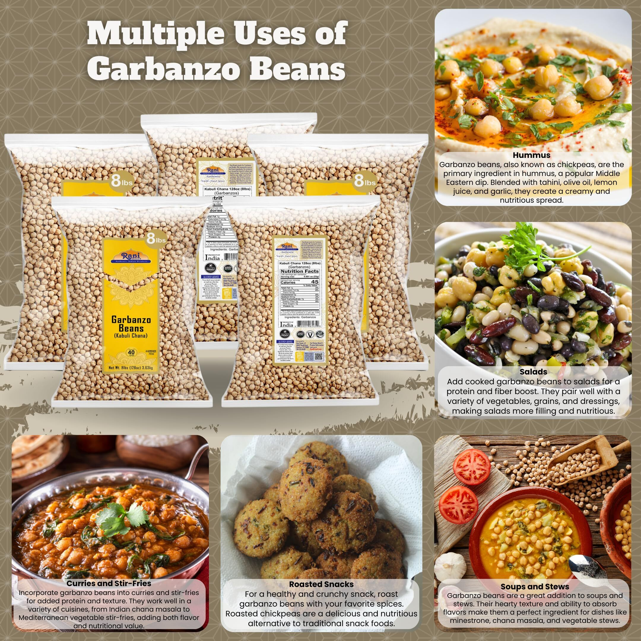 Rani Garbanzo Beans (Kabuli Chana) 128oz (8lbs) 3.63kg x Pack of 5 (Total of 40lbs) Bulk ~ All Natural, Vegan, Gluten Friendly, NON-GMO, Kosher, Indian Origin