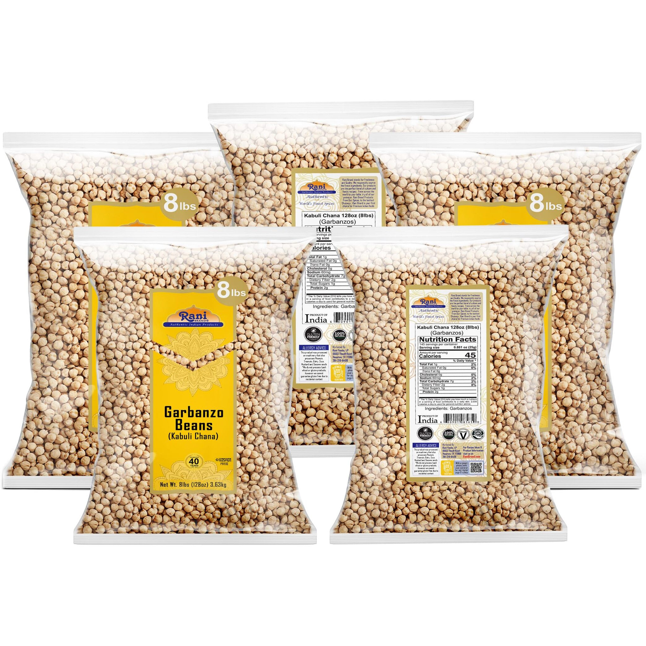 Rani Garbanzo Beans (Kabuli Chana) 128oz (8lbs) 3.63kg x Pack of 5 (Total of 40lbs) Bulk ~ All Natural, Vegan, Gluten Friendly, NON-GMO, Kosher, Indian Origin
