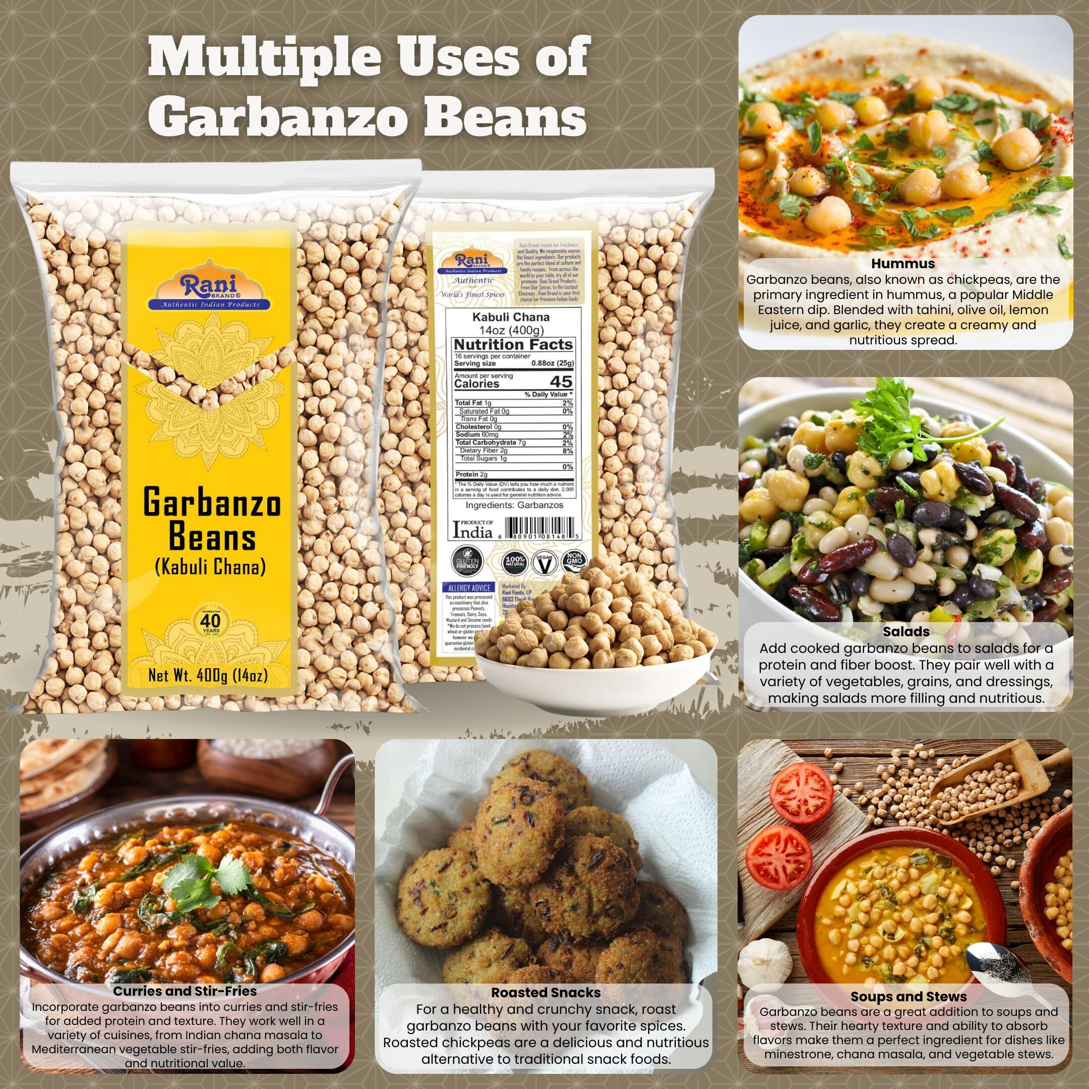 Rani Garbanzo Beans (Kabuli Chana) 14oz (400g) ~ All Natural, Vegan, Gluten Friendly, NON-GMO, Kosher, Indian Origin