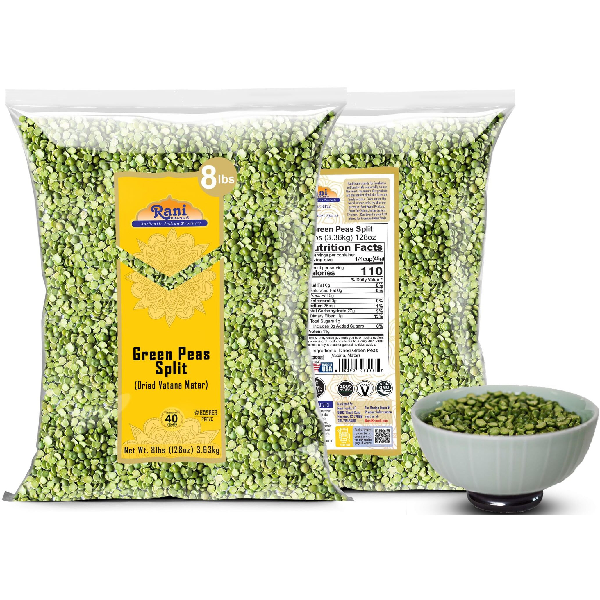 Rani Green Peas Split, Dried (Vatana, Matar) 128oz (8lbs) 3.63kg Bulk ~ All Natural, Vegan, Kosher, Gluten Friendly, Product of USA