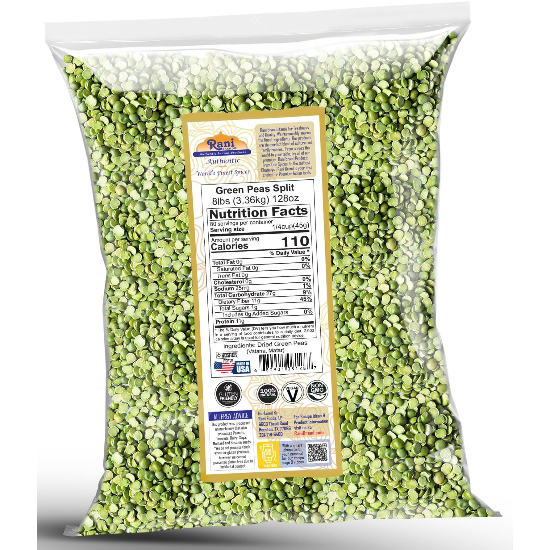 Rani Green Peas Split, Dried (Vatana, Matar) 128oz (8lbs) 3.63kg Bulk ~ All Natural, Vegan, Kosher, Gluten Friendly, Product of USA