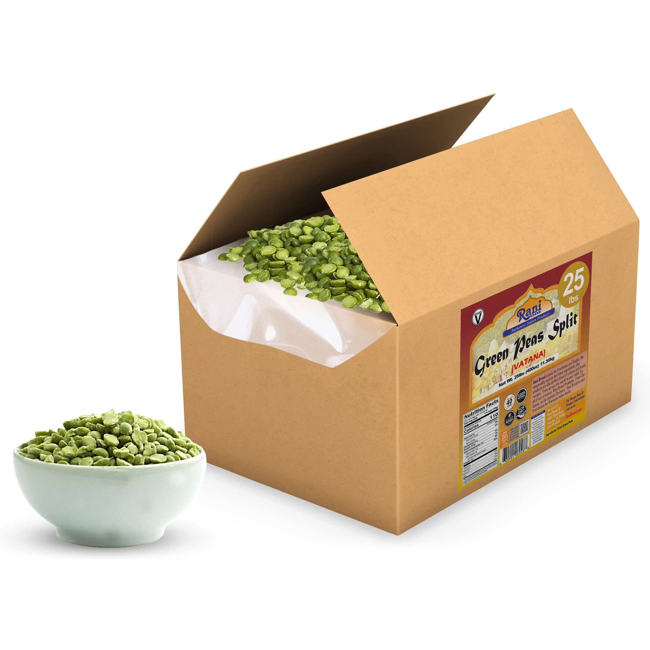Rani Green Peas Split, Dried (Vatana, Matar) 400oz (25lbs) 11.36kg Bulk Box ~ All Natural, Vegan, Gluten Friendly, Product of USA